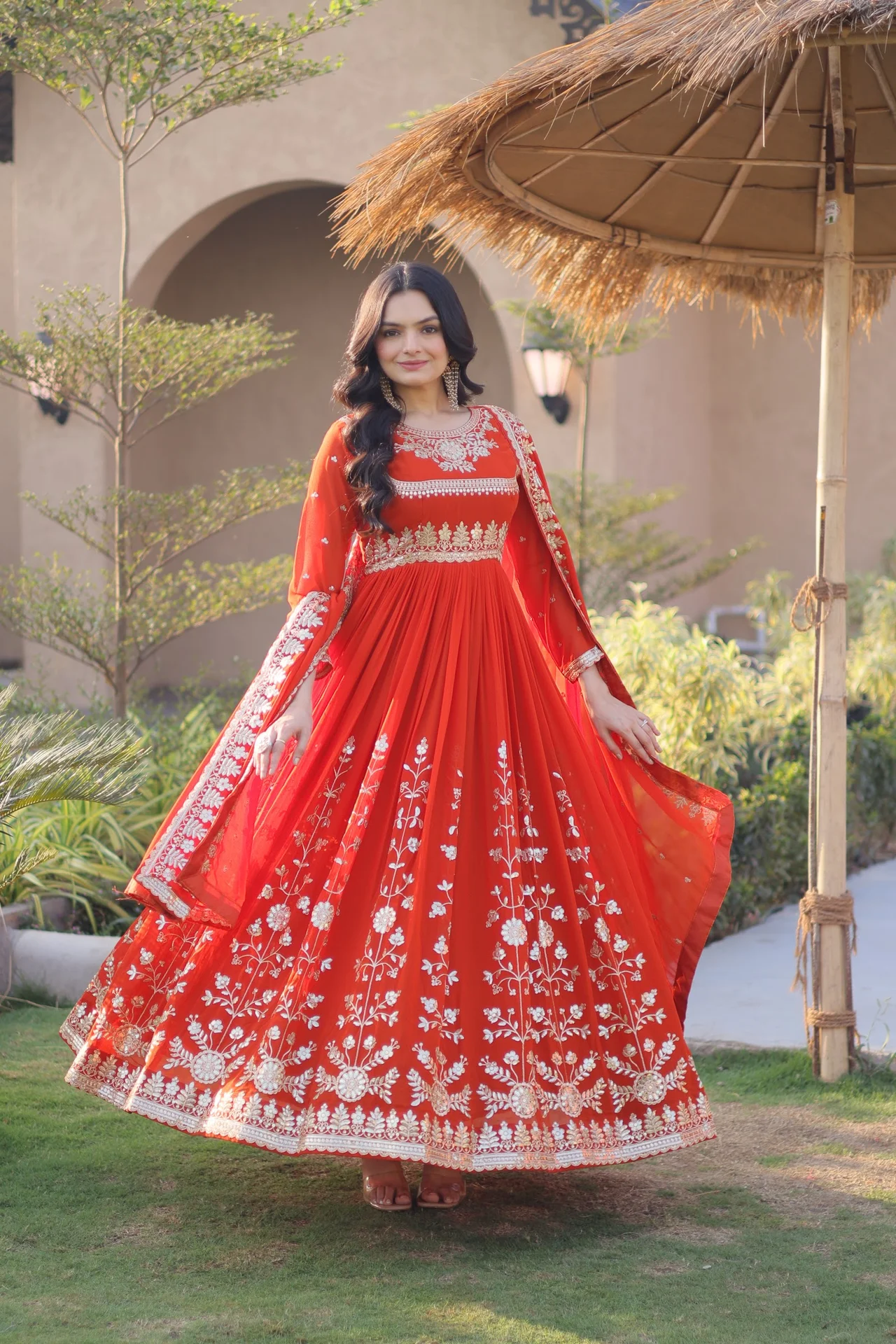 Women's Faux Georgette Embroidered Gown with Dupatta in Orange — photo 7 of 7