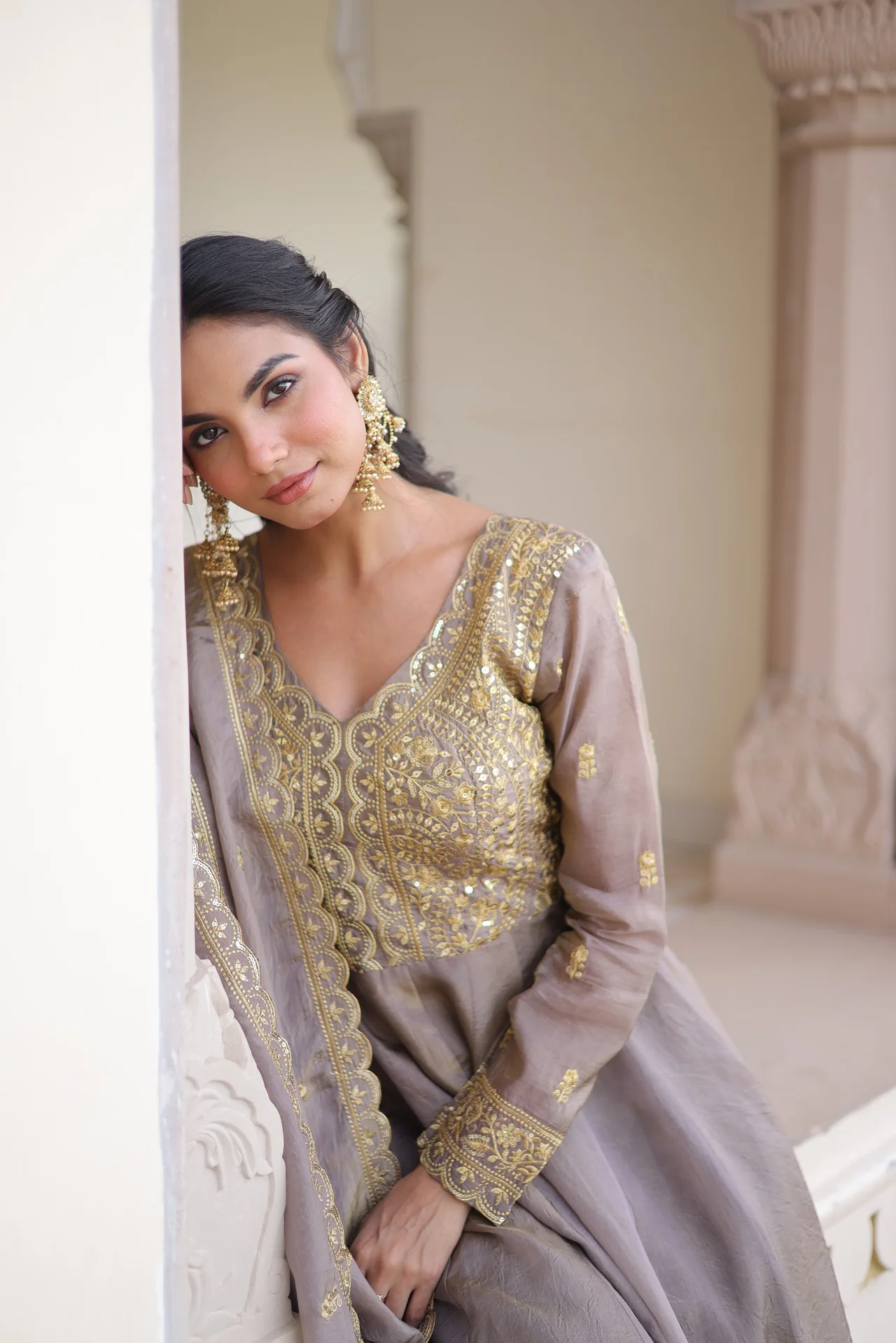 Women's Crush Fabric Anarkali Gown with Dupatta in Grey — photo 3 of 7