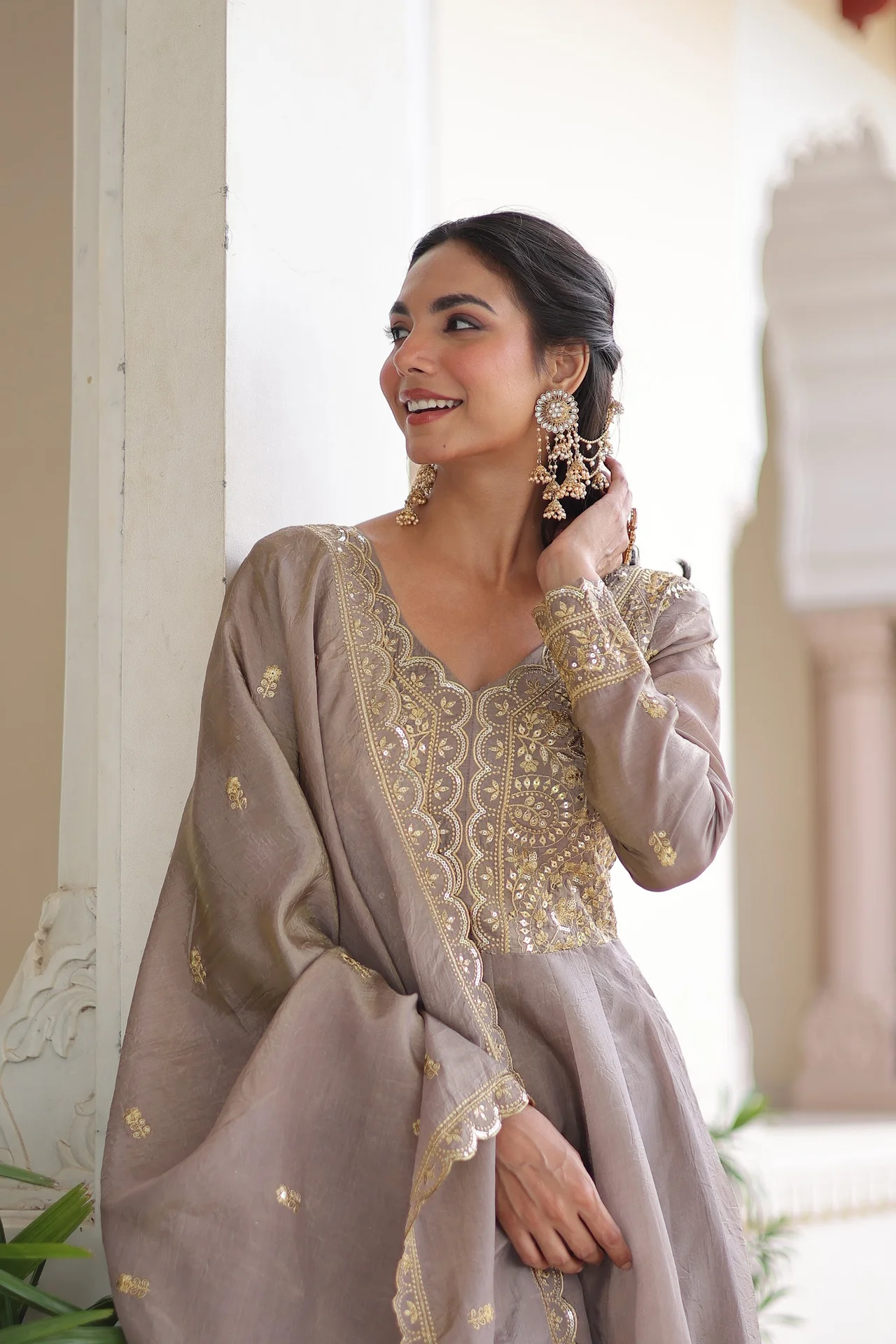 Women's Crush Fabric Anarkali Gown with Dupatta in Grey — photo 4 of 7