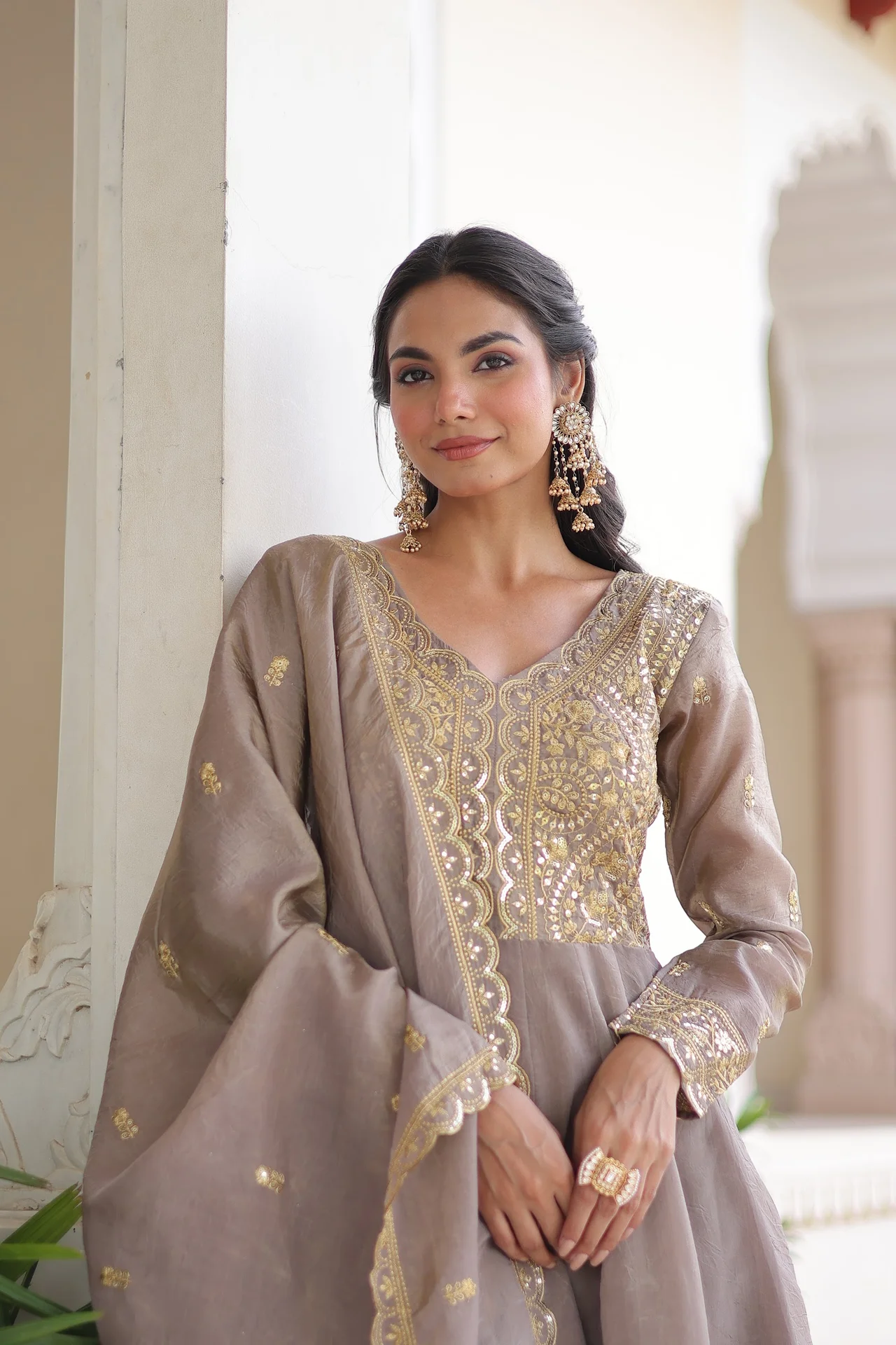 Women's Crush Fabric Anarkali Gown with Dupatta in Grey — photo 5 of 7