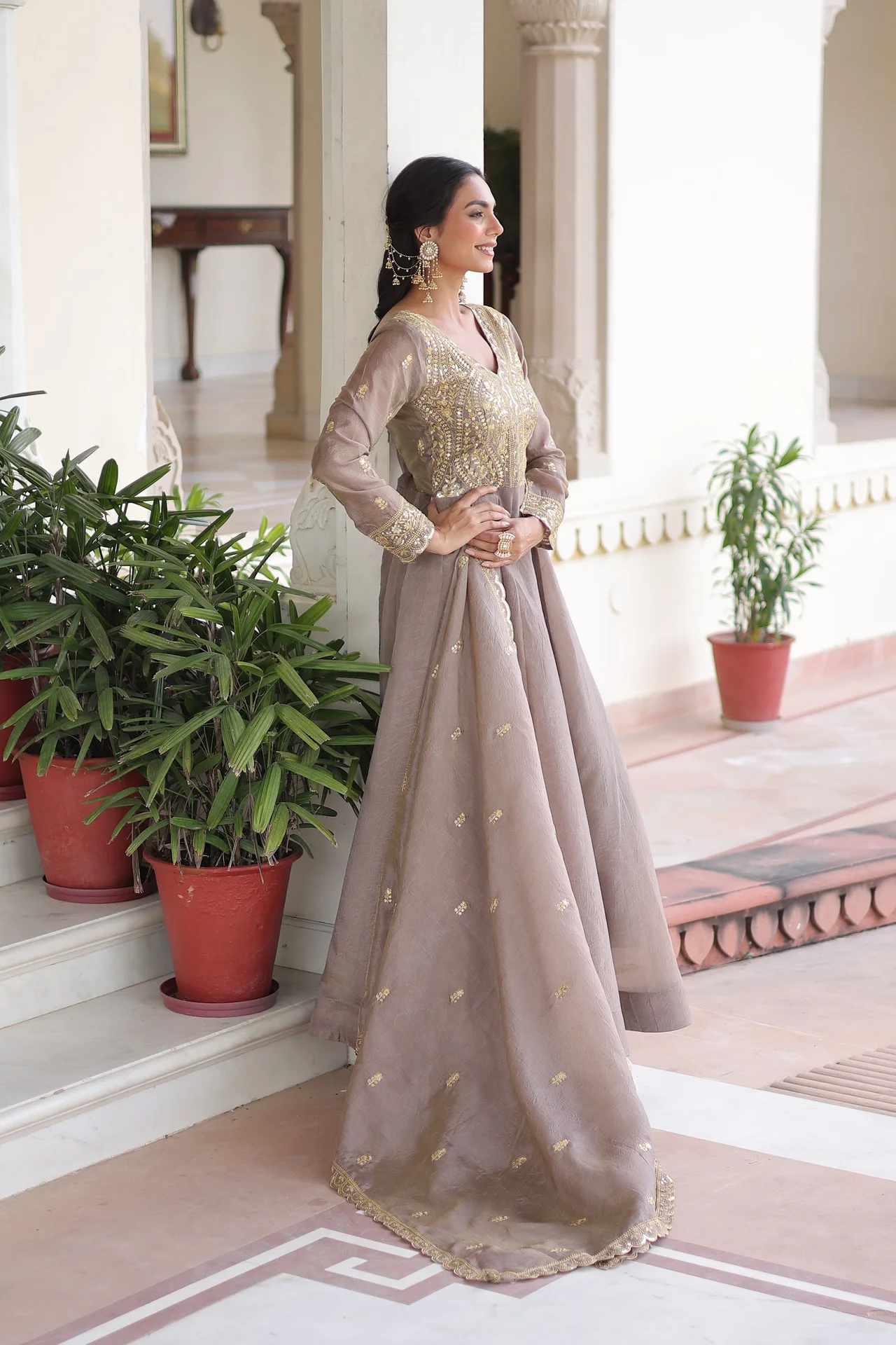 Women's Crush Fabric Anarkali Gown with Dupatta in Grey — photo 6 of 7