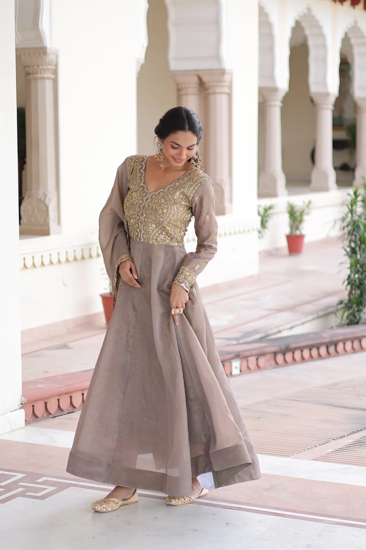 Women's Crush Fabric Anarkali Gown with Dupatta in Grey — photo 7 of 7