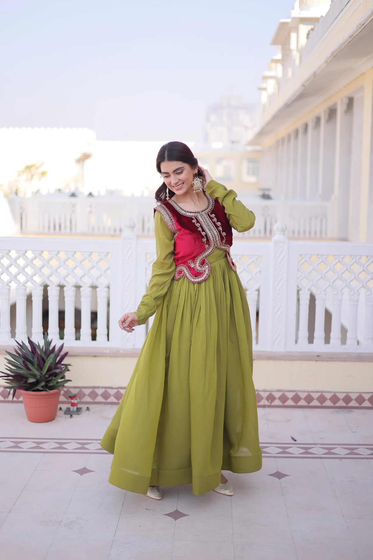 Women's Mal Chanderi Gown with Embroidered Ice Velvet Koti in Pista Green — photo 2 of 7