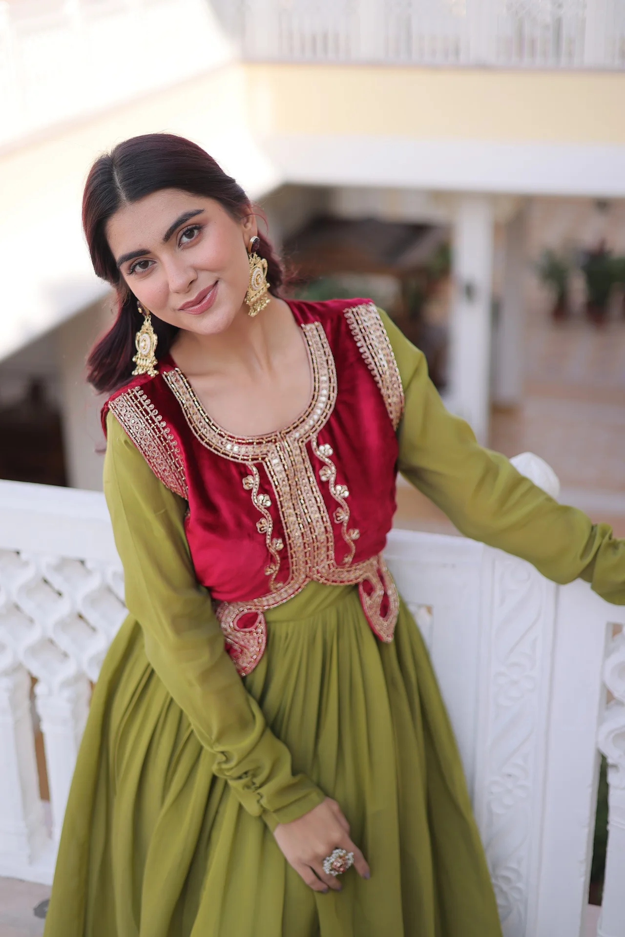 Women's Mal Chanderi Gown with Embroidered Ice Velvet Koti in Pista Green — photo 3 of 7