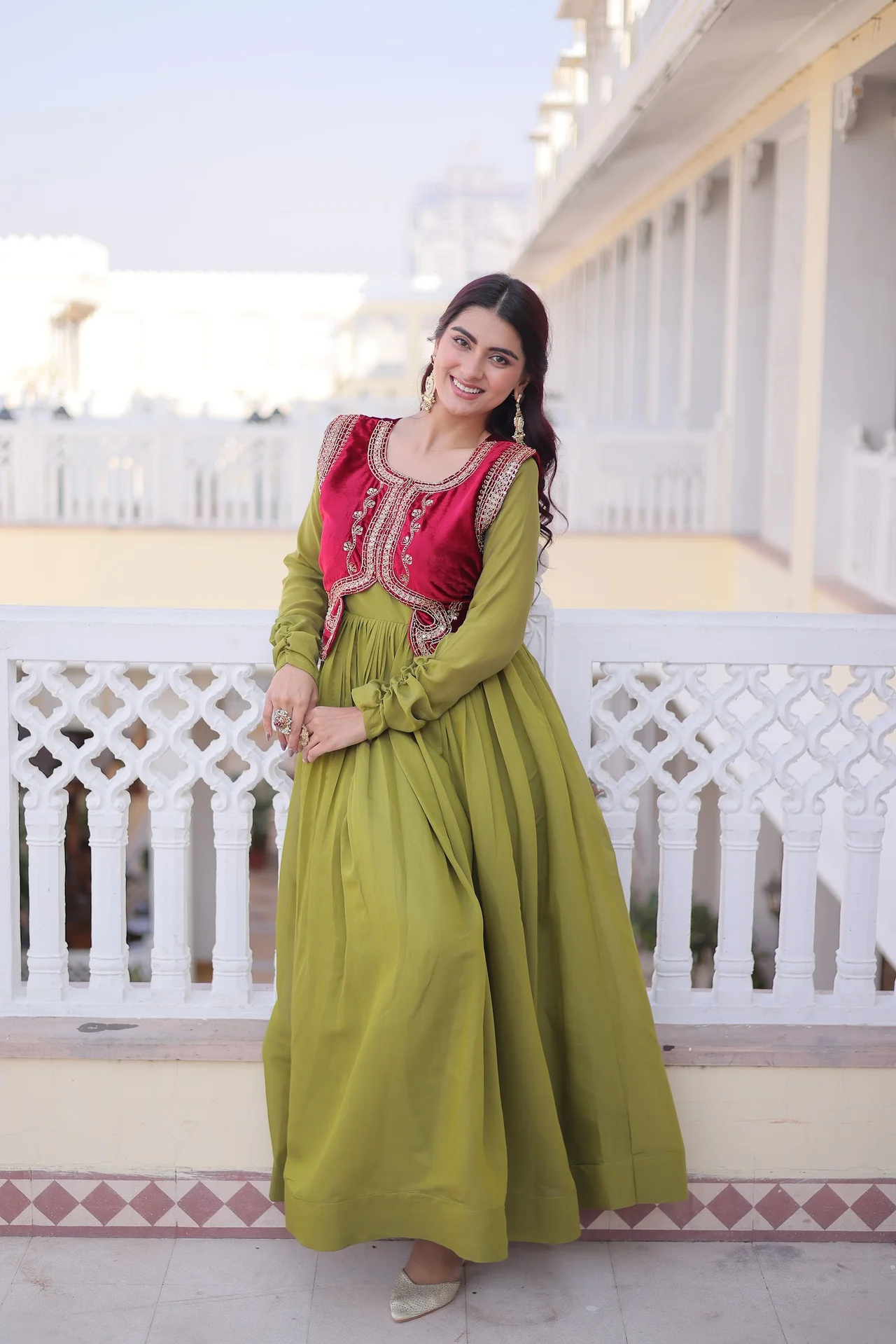 Women's Mal Chanderi Gown with Embroidered Ice Velvet Koti in Pista Green — photo 4 of 7