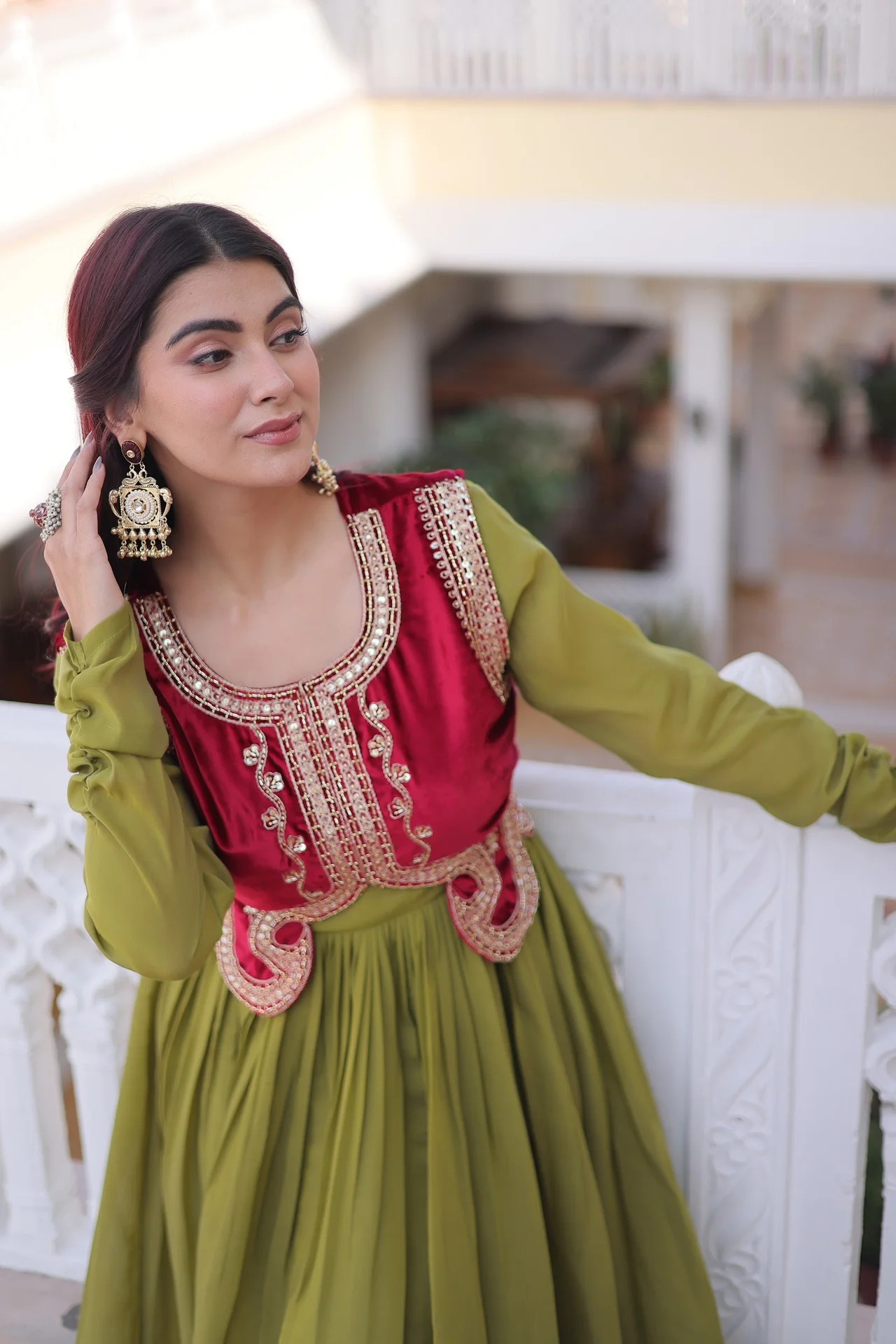 Women's Mal Chanderi Gown with Embroidered Ice Velvet Koti in Pista Green — photo 5 of 7