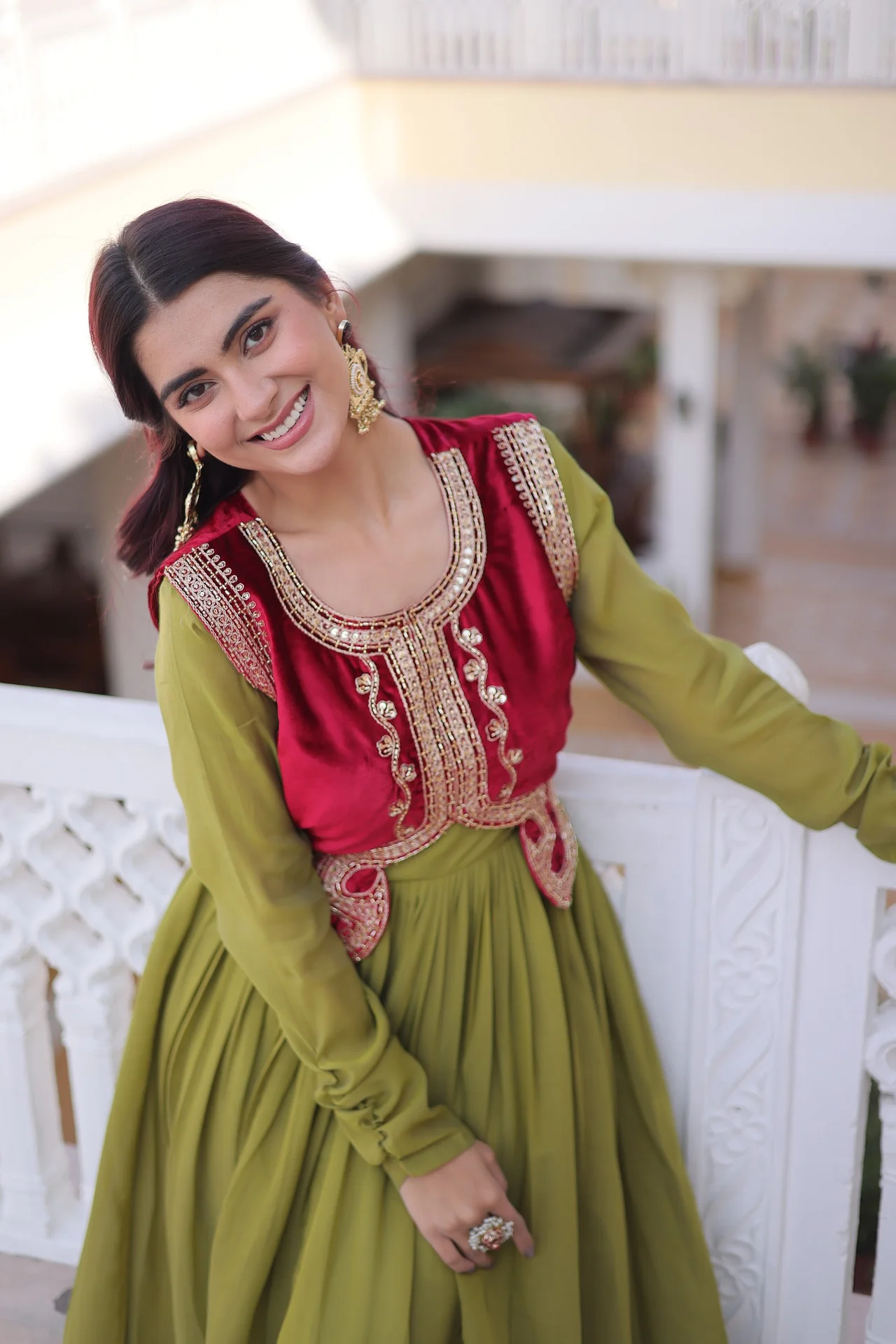 Women's Mal Chanderi Gown with Embroidered Ice Velvet Koti in Pista Green — photo 6 of 7