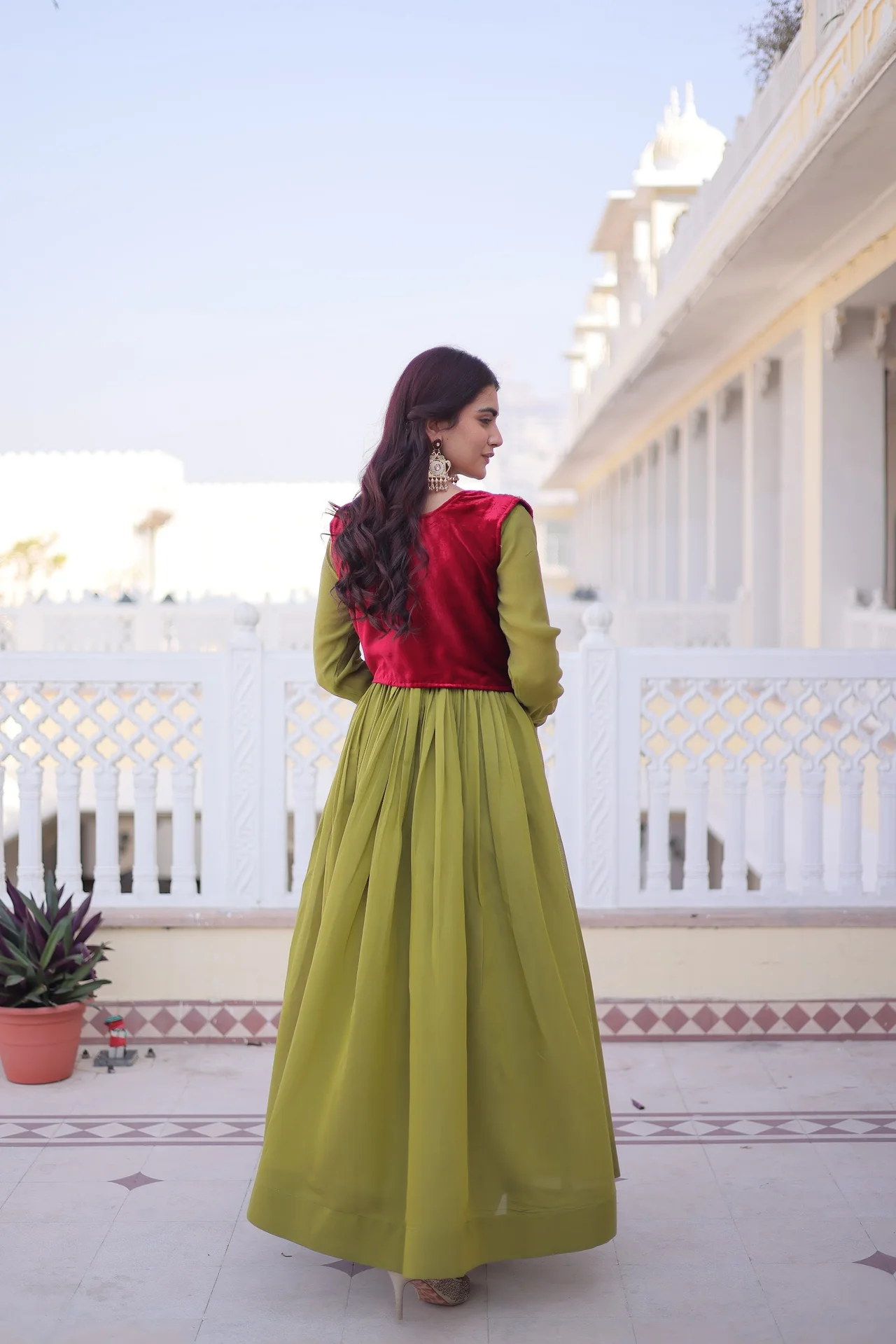 Women's Mal Chanderi Gown with Embroidered Ice Velvet Koti in Pista Green — photo 7 of 7
