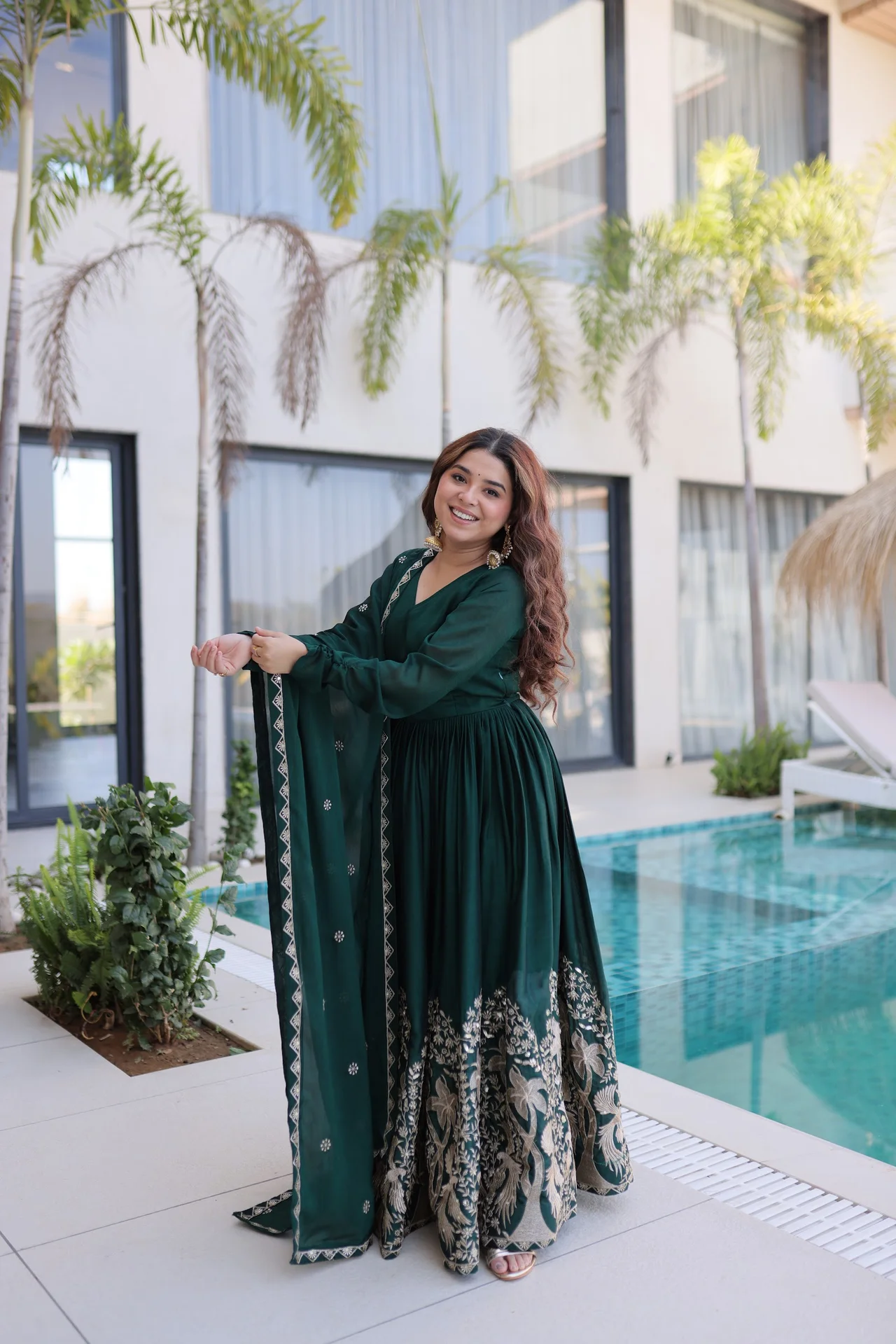 Women's Rangoli Crush Embroidered Gown with Dupatta in Bottle Green — photo 2 of 6