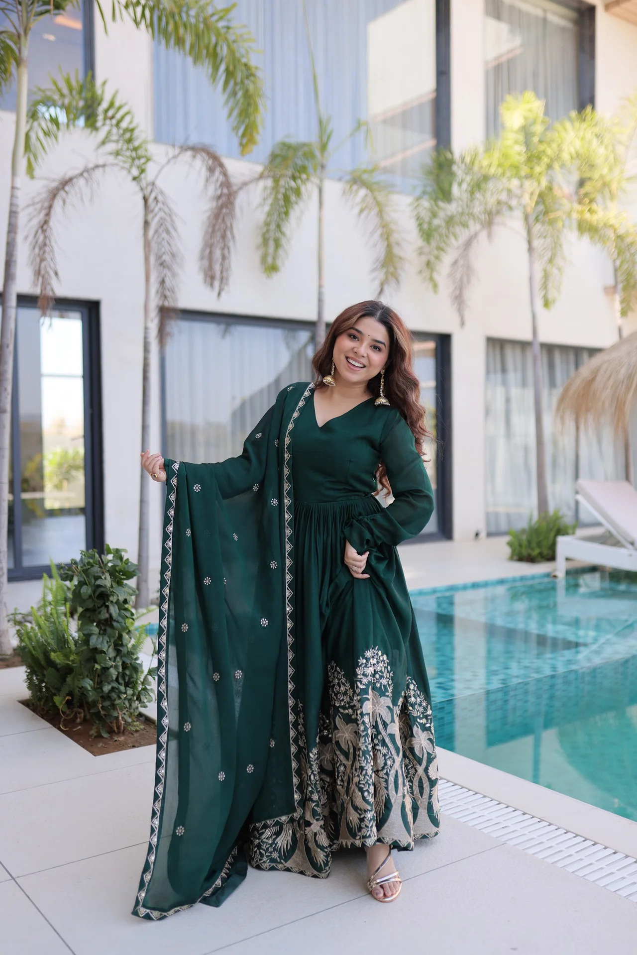 Women's Rangoli Crush Embroidered Gown with Dupatta in Bottle Green — photo 3 of 6