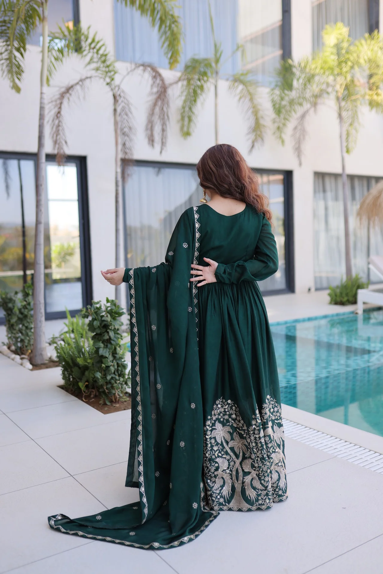 Women's Rangoli Crush Embroidered Gown with Dupatta in Bottle Green — photo 4 of 6