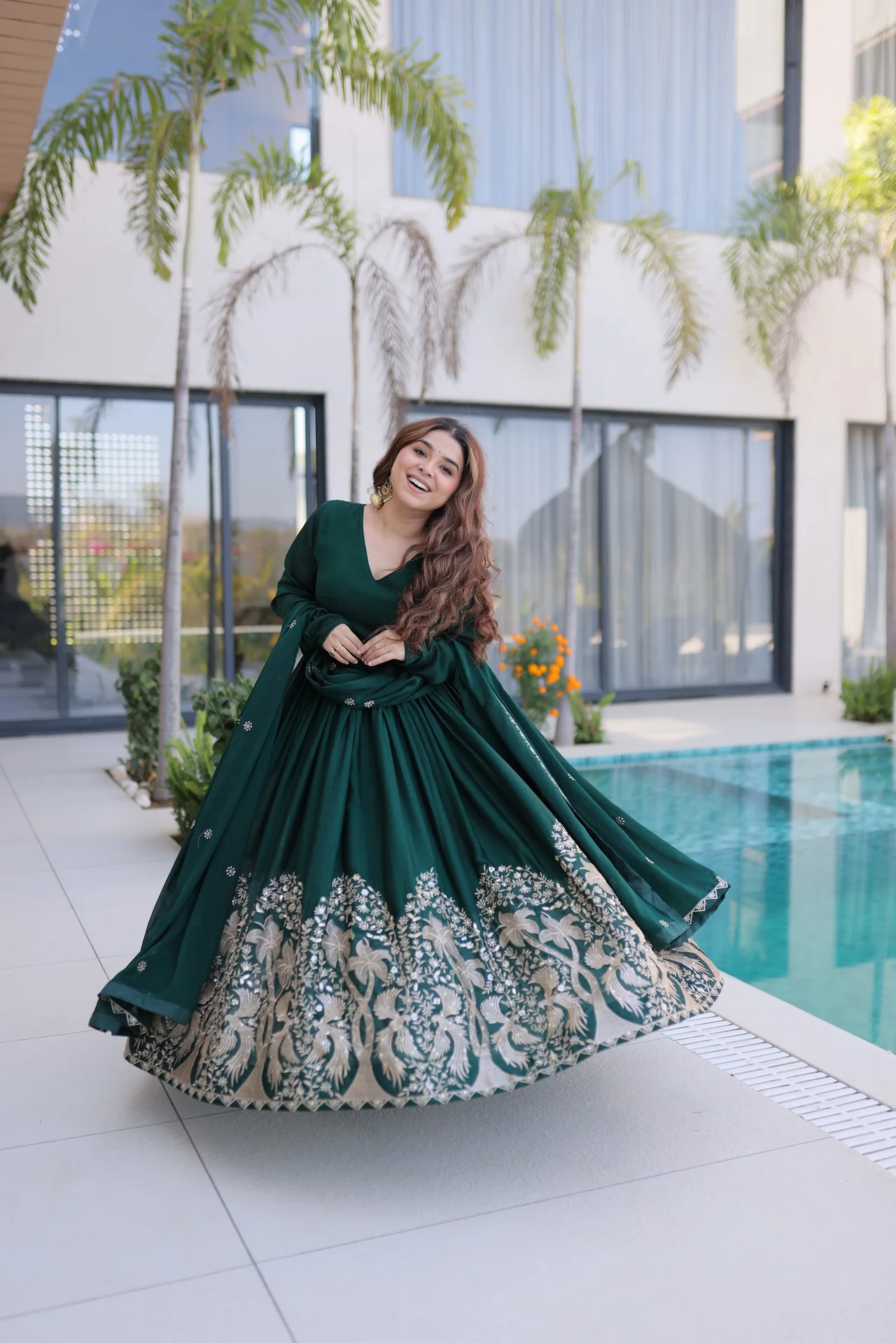Women's Rangoli Crush Embroidered Gown with Dupatta in Bottle Green — photo 6 of 6