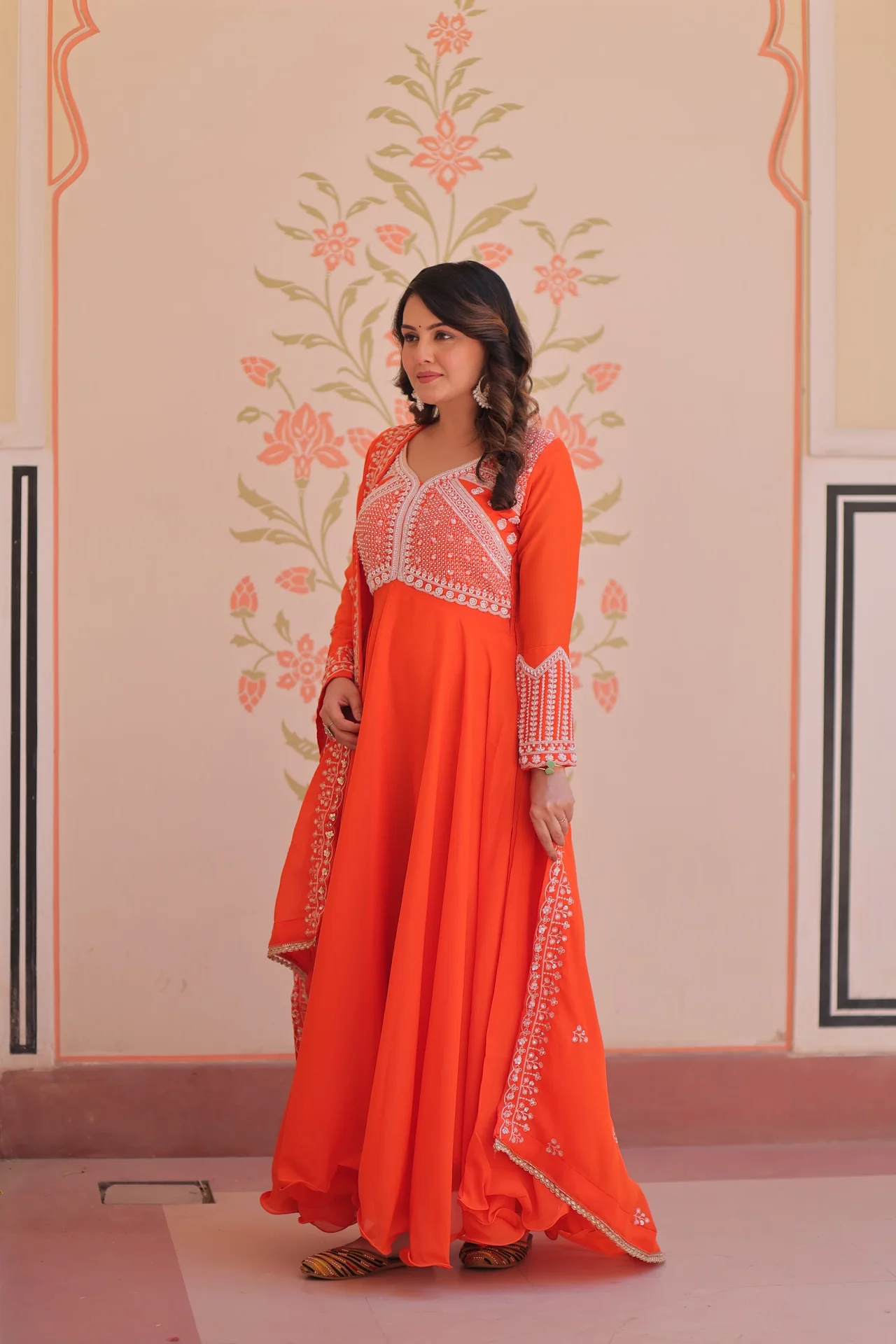 Women's Star Georgette Gown with Dupatta in Coral — photo 2 of 8