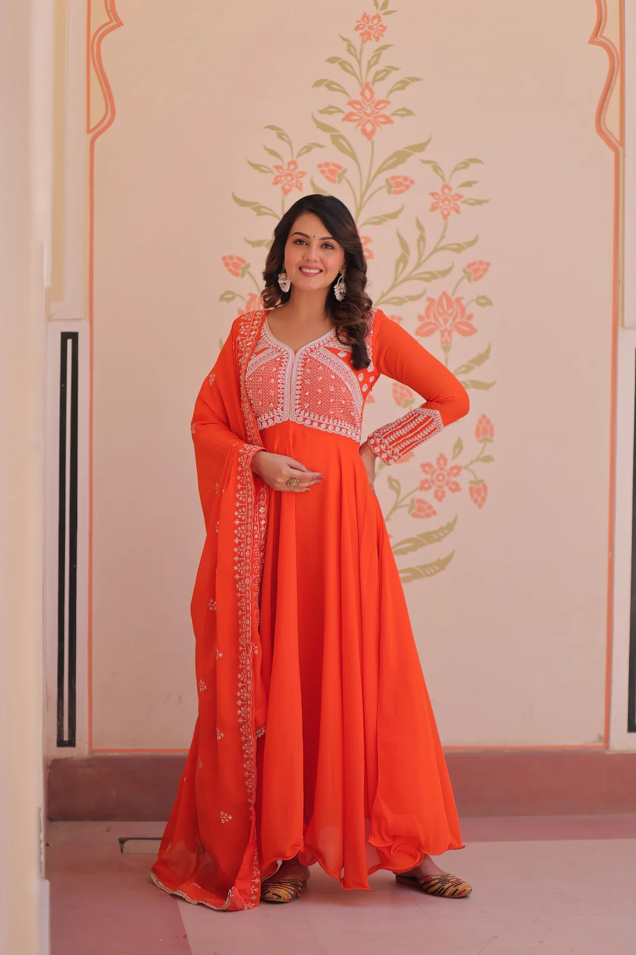 Women's Star Georgette Gown with Dupatta in Coral — photo 3 of 8
