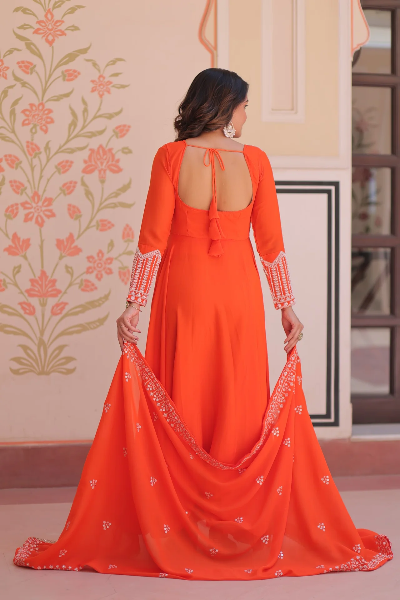 Women's Star Georgette Gown with Dupatta in Coral — photo 5 of 8