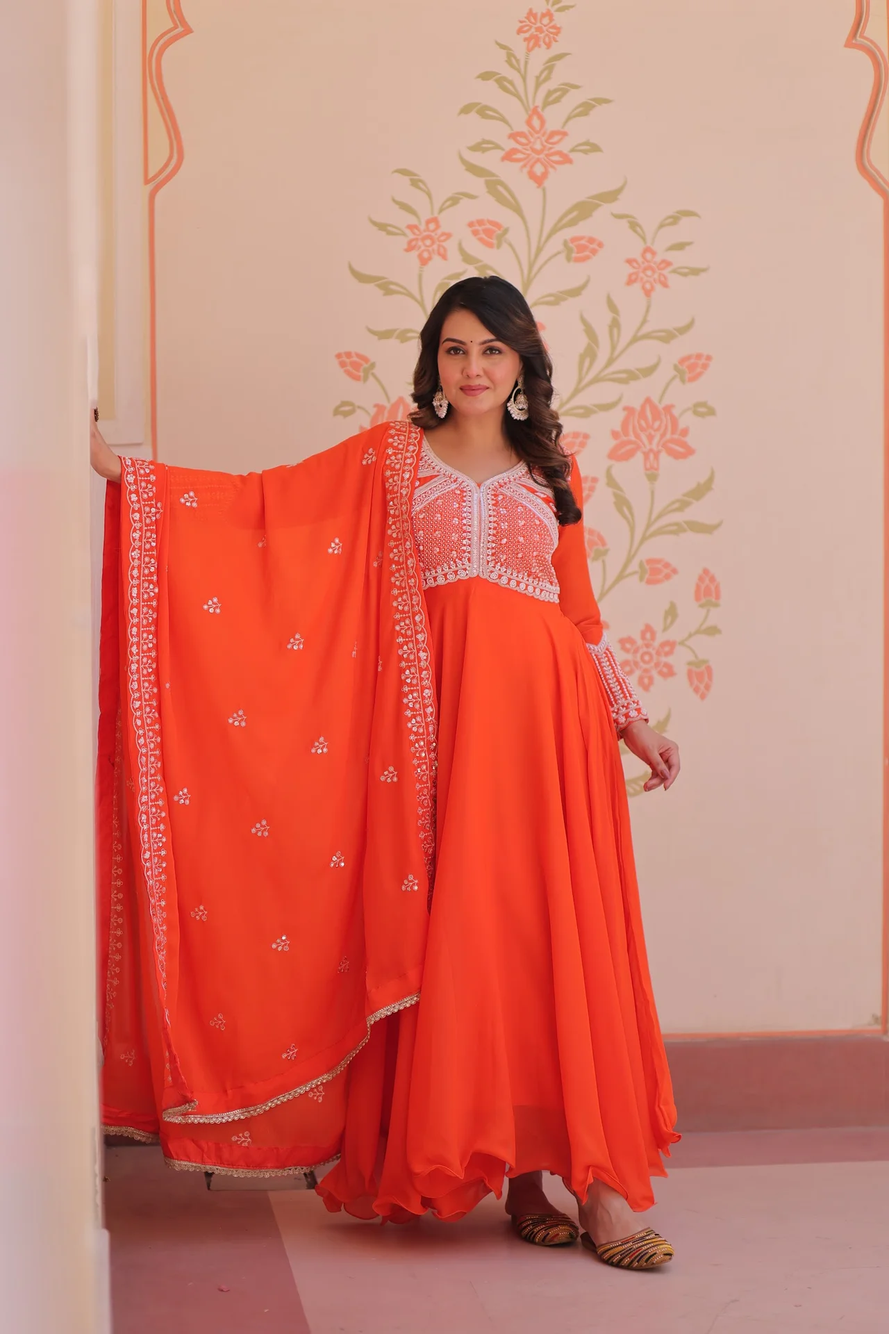 Women's Star Georgette Gown with Dupatta in Coral — photo 6 of 8