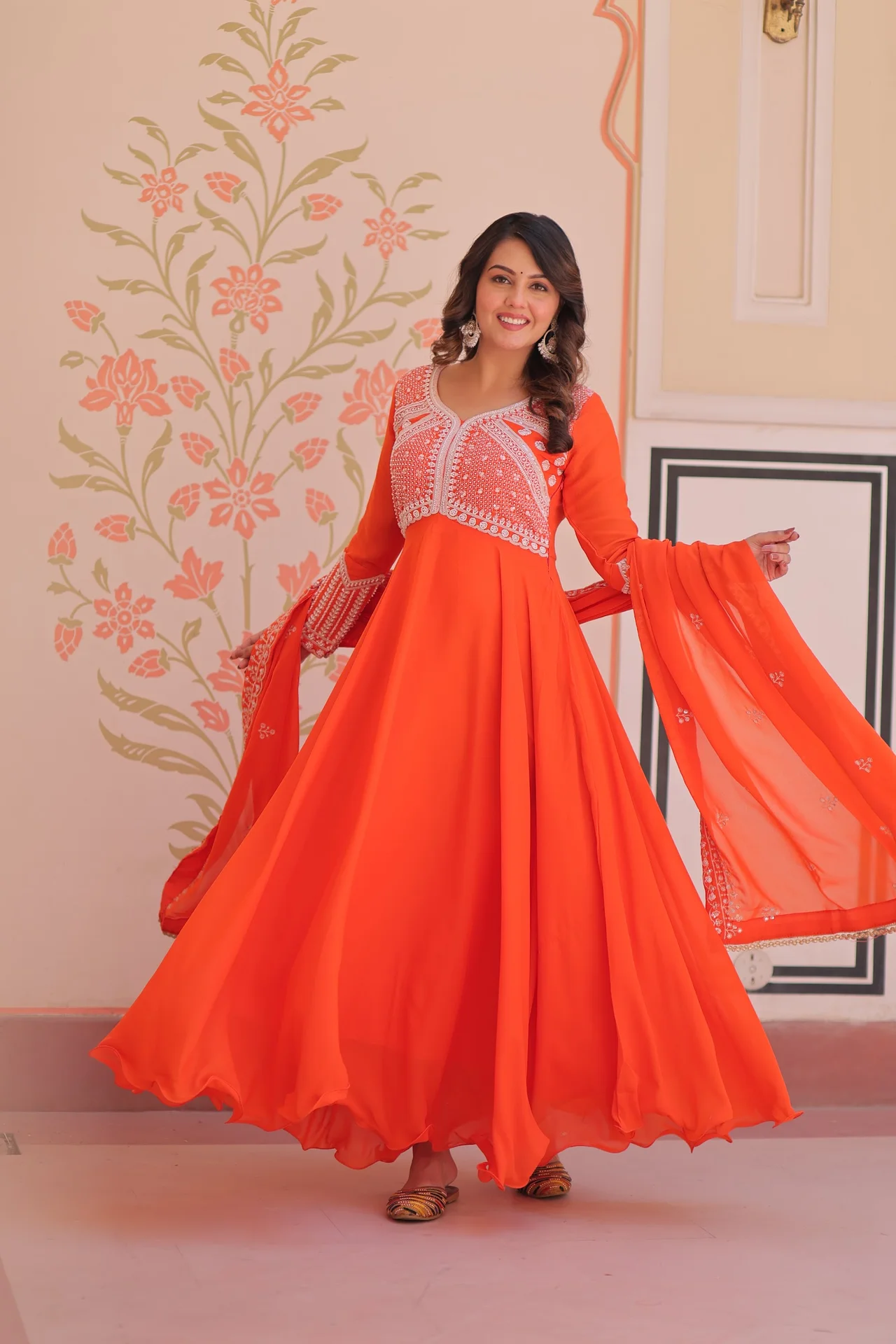 Women's Star Georgette Gown with Dupatta in Coral — photo 8 of 8