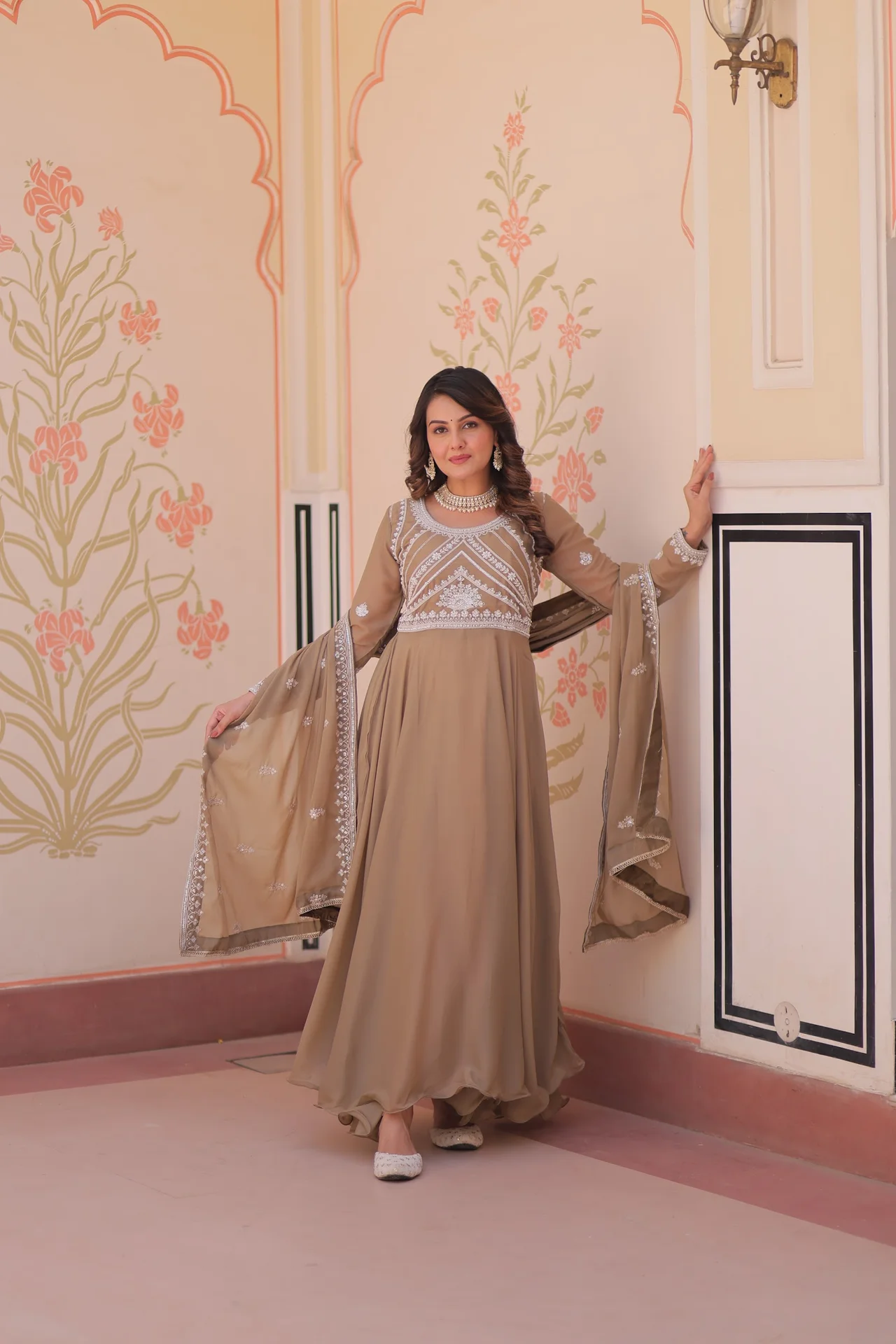 Women's Star Georgette Gown with Dupatta in Beige — photo 2 of 7