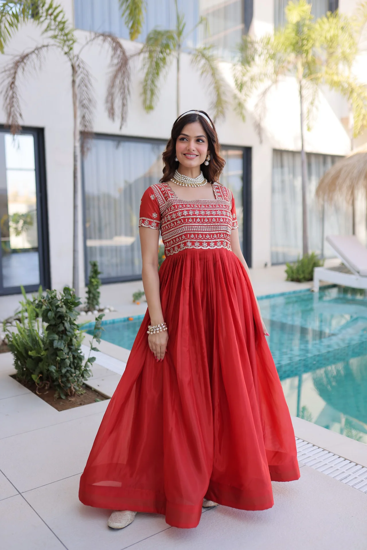 Women's Organza Anarkali Gown with Cotton Lining in Coral — photo 2 of 9