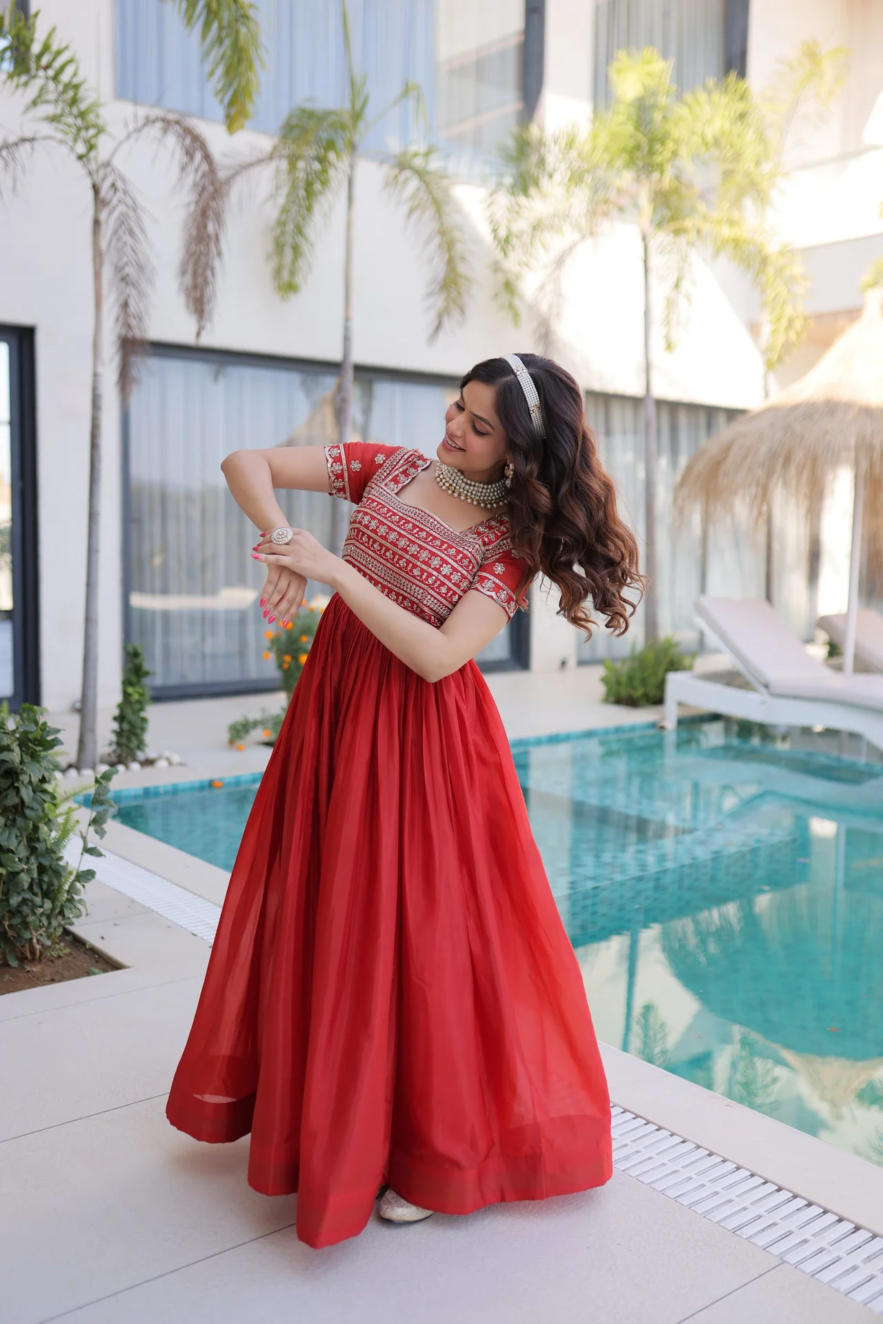 Women's Organza Anarkali Gown with Cotton Lining in Coral — photo 5 of 9
