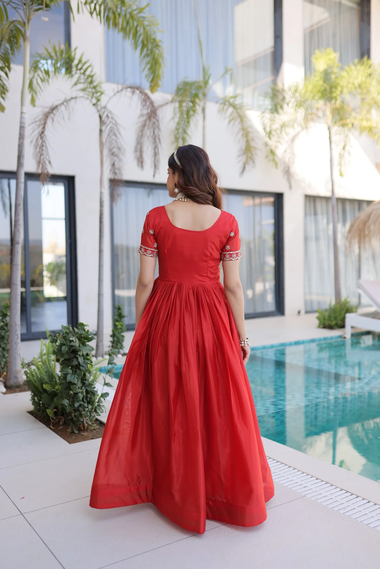 Women's Organza Anarkali Gown with Cotton Lining in Coral — photo 6 of 9