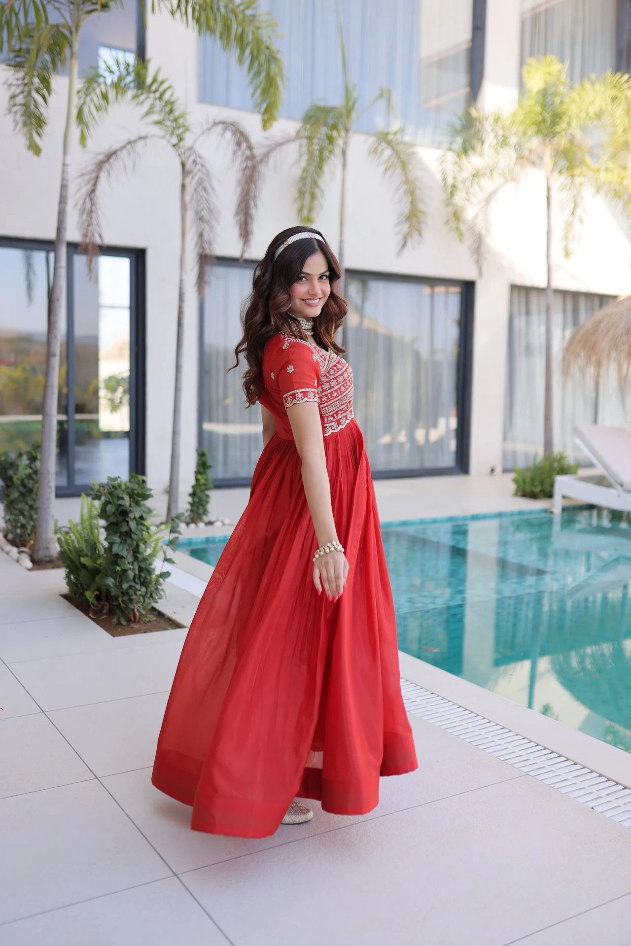 Women's Organza Anarkali Gown with Cotton Lining in Coral — photo 7 of 9