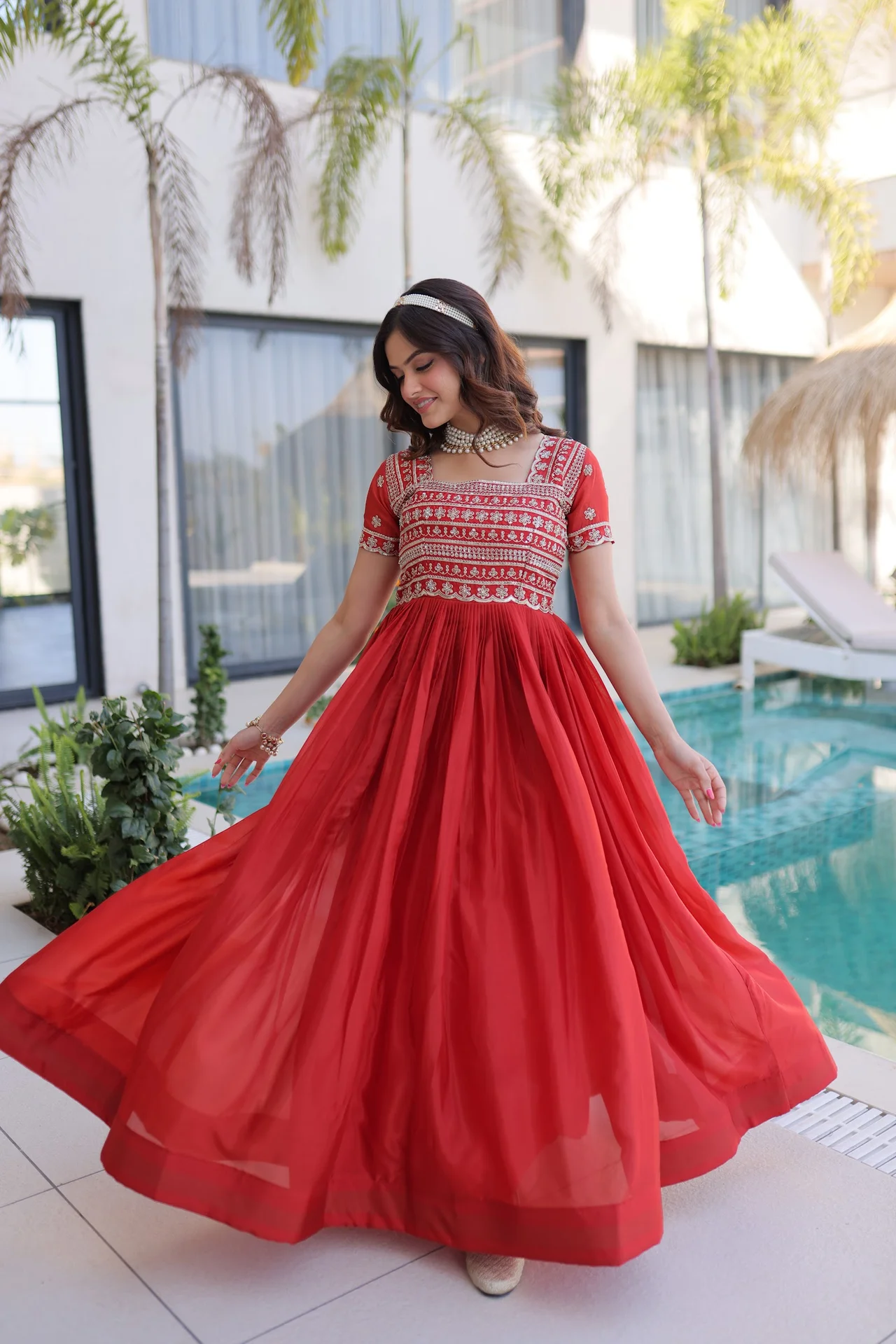 Women's Organza Anarkali Gown with Cotton Lining in Coral — photo 8 of 9