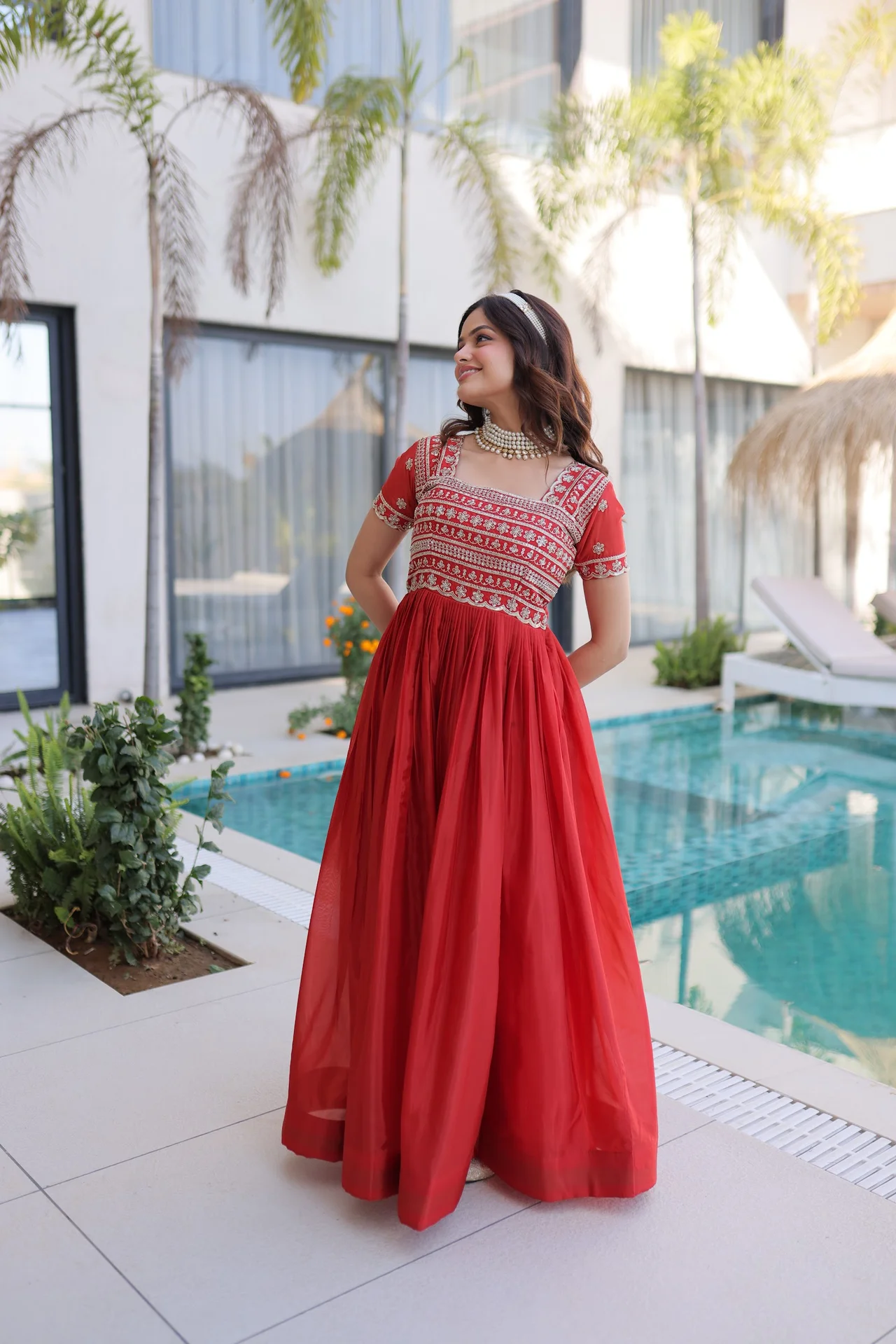 Women's Organza Anarkali Gown with Cotton Lining in Coral — photo 9 of 9