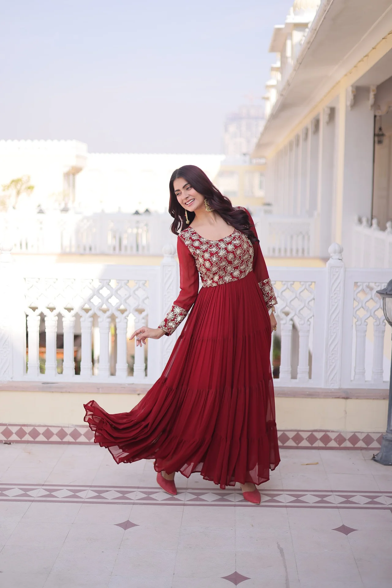 Women's Faux Blooming Fabric Gown with Cotton Lining in Maroon — photo 2 of 7