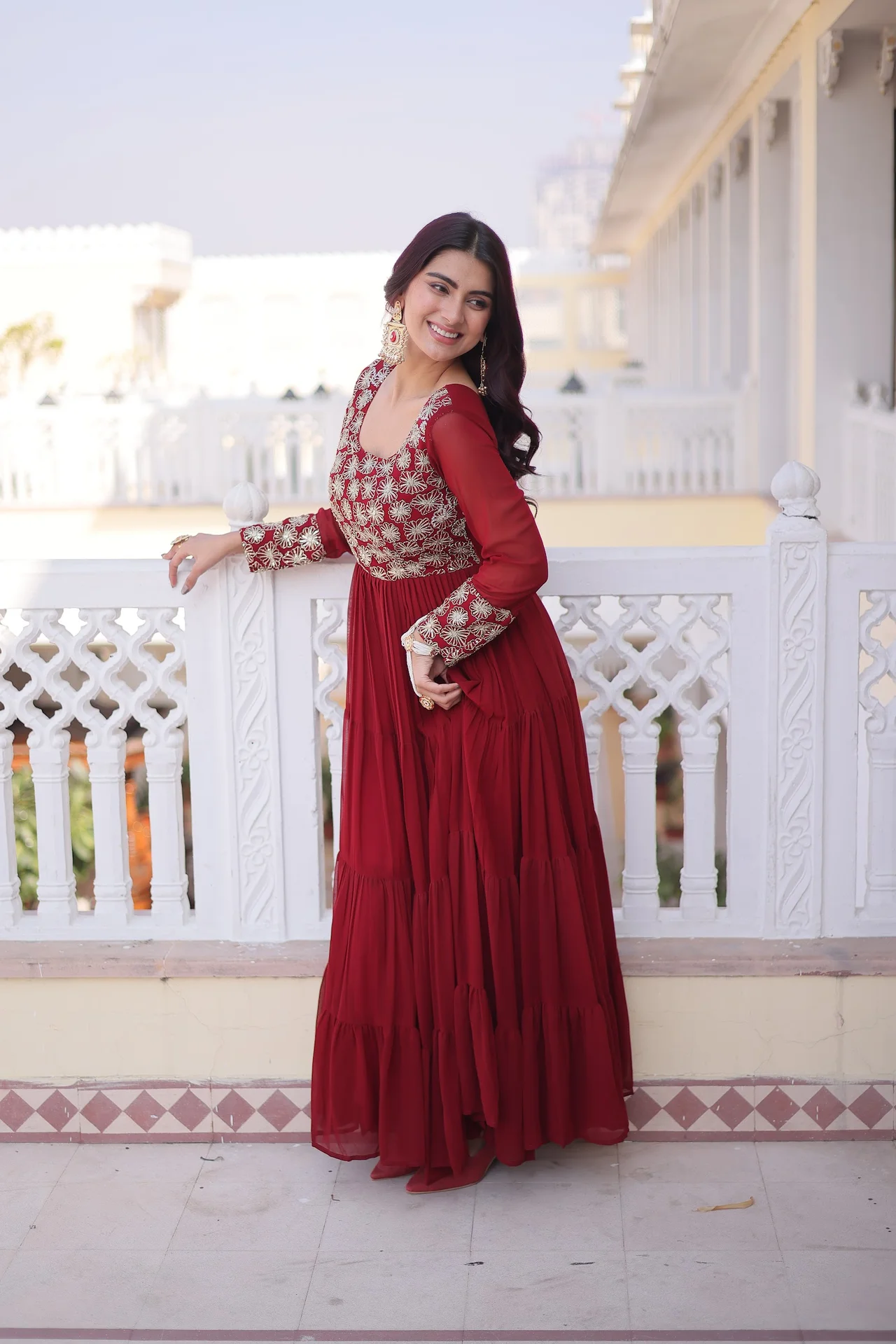 Women's Faux Blooming Fabric Gown with Cotton Lining in Maroon — photo 7 of 7