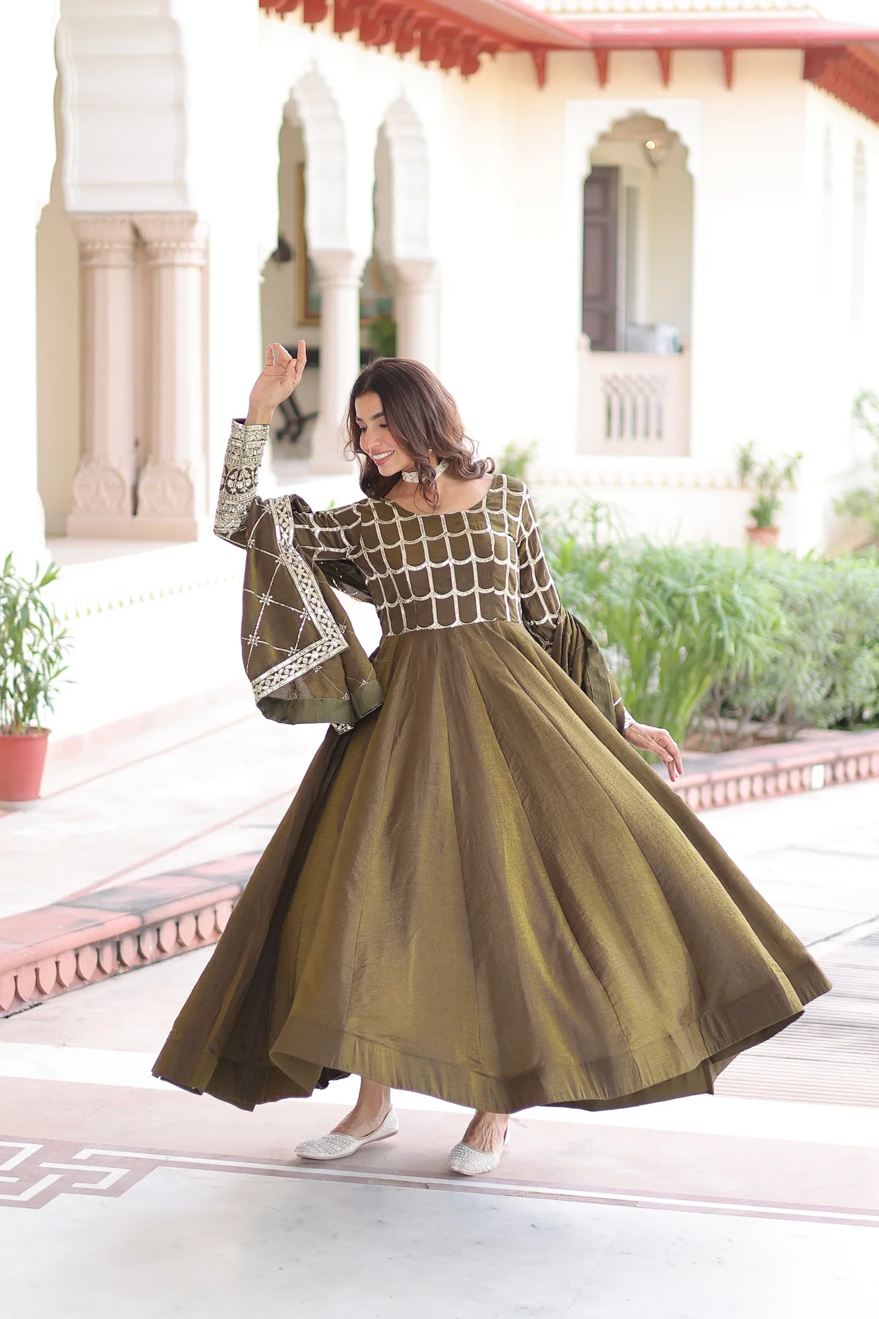Women's NC Vichitra Gown with Dupatta in Mehendi Green — photo 3 of 7