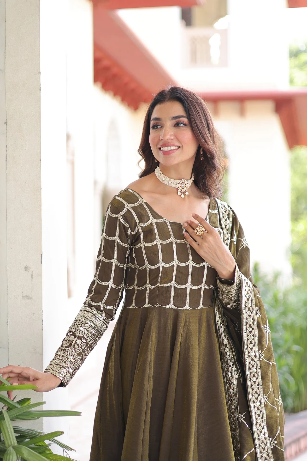 Women's NC Vichitra Gown with Dupatta in Mehendi Green — photo 4 of 7