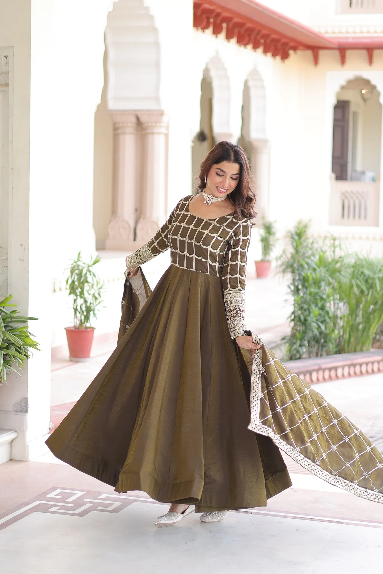 Women's NC Vichitra Gown with Dupatta in Mehendi Green — photo 6 of 7