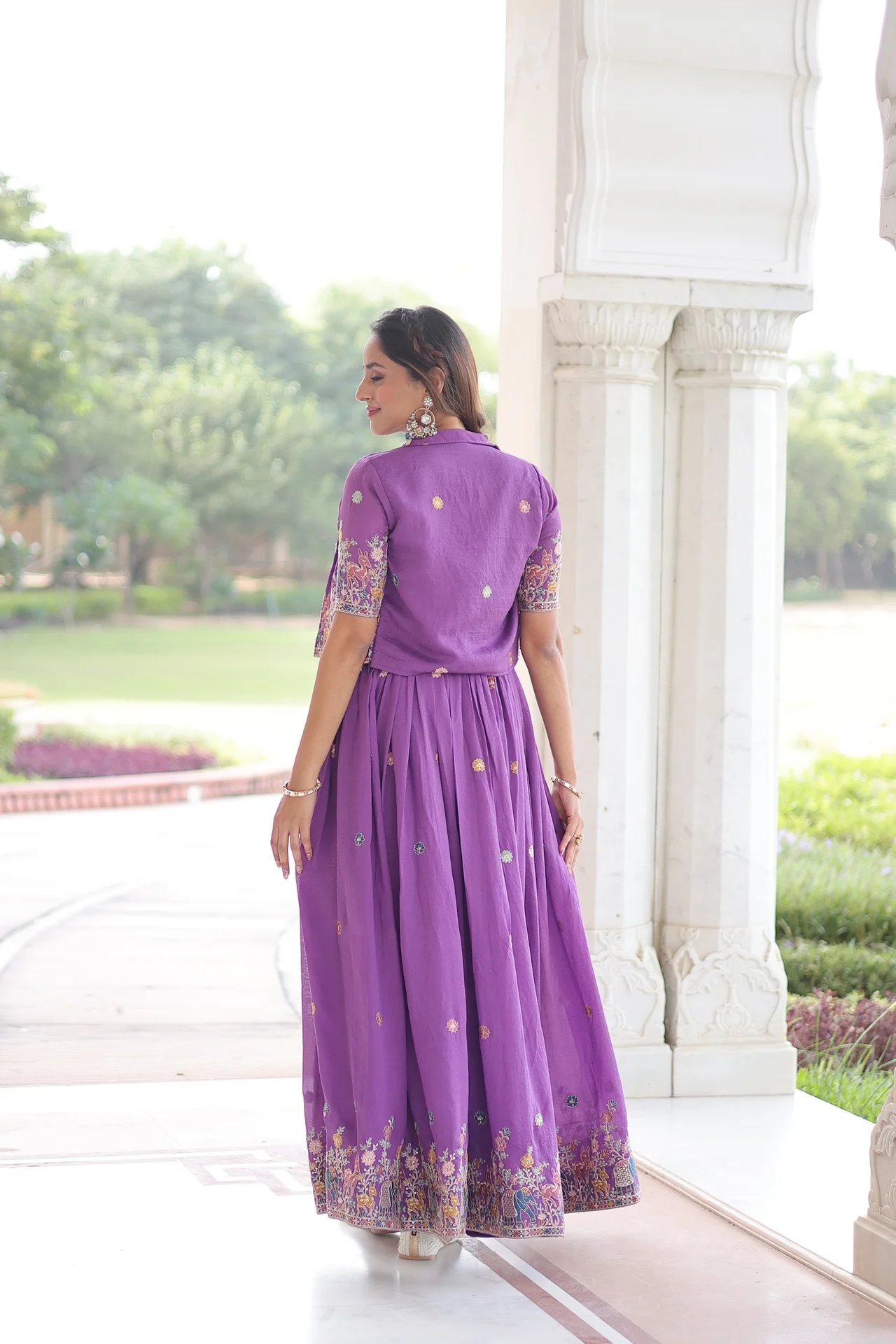 Women's Vichitra Silk Gown with Embroidered Koti Jacket in Purple — photo 2 of 7