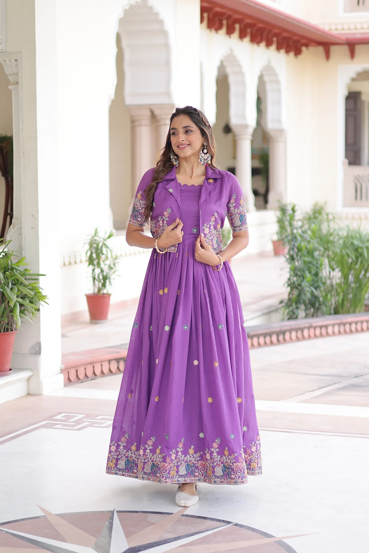 Women's Vichitra Silk Gown with Embroidered Koti Jacket in Purple — photo 3 of 7