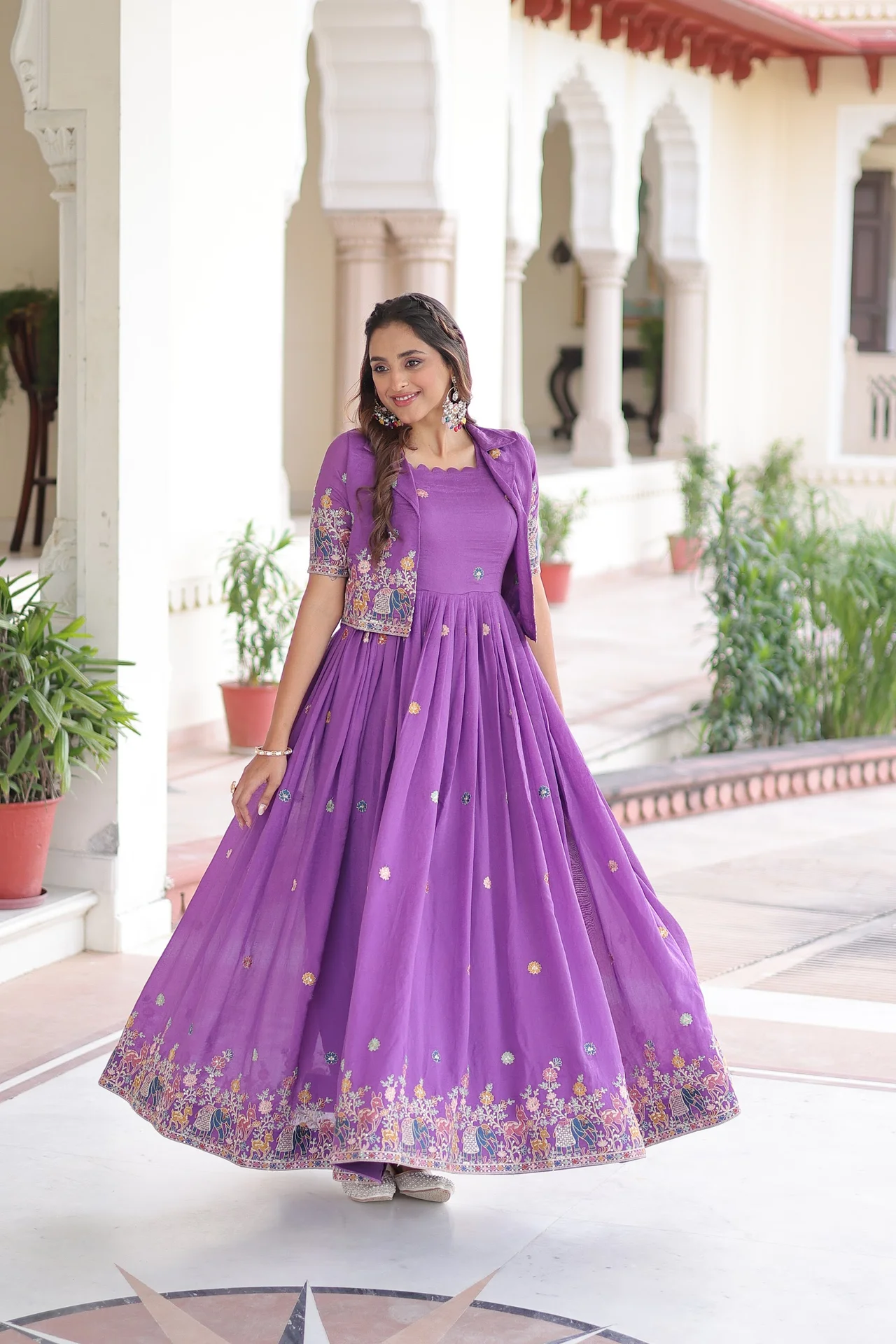 Women's Vichitra Silk Gown with Embroidered Koti Jacket in Purple — photo 4 of 7