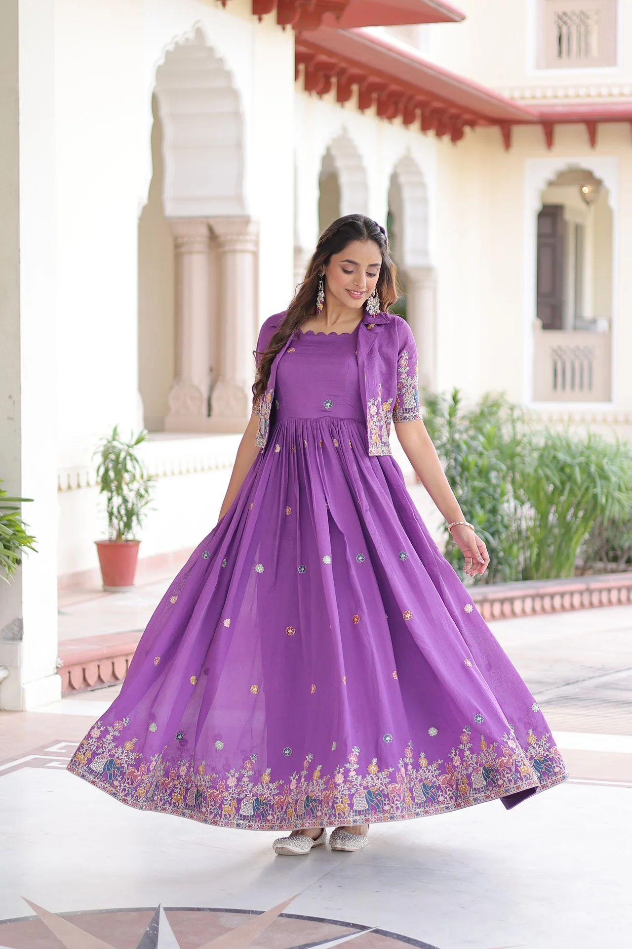 Women's Vichitra Silk Gown with Embroidered Koti Jacket in Purple — photo 5 of 7