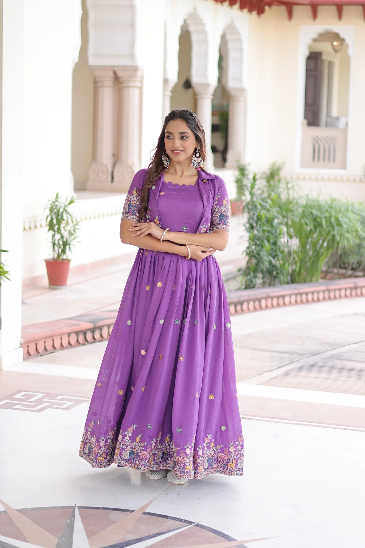 Women's Vichitra Silk Gown with Embroidered Koti Jacket in Purple — photo 6 of 7