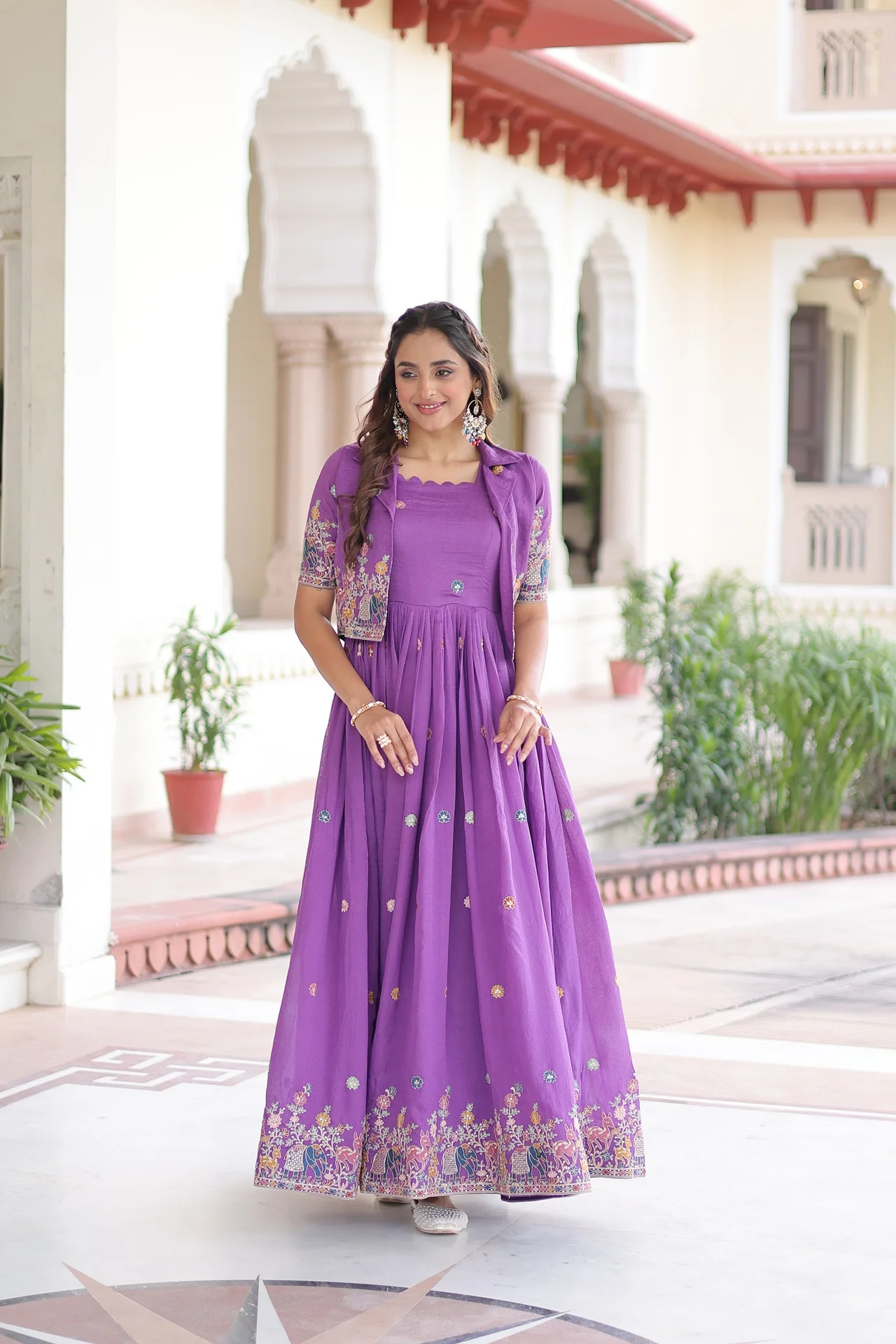 Women's Vichitra Silk Gown with Embroidered Koti Jacket in Purple — photo 7 of 7
