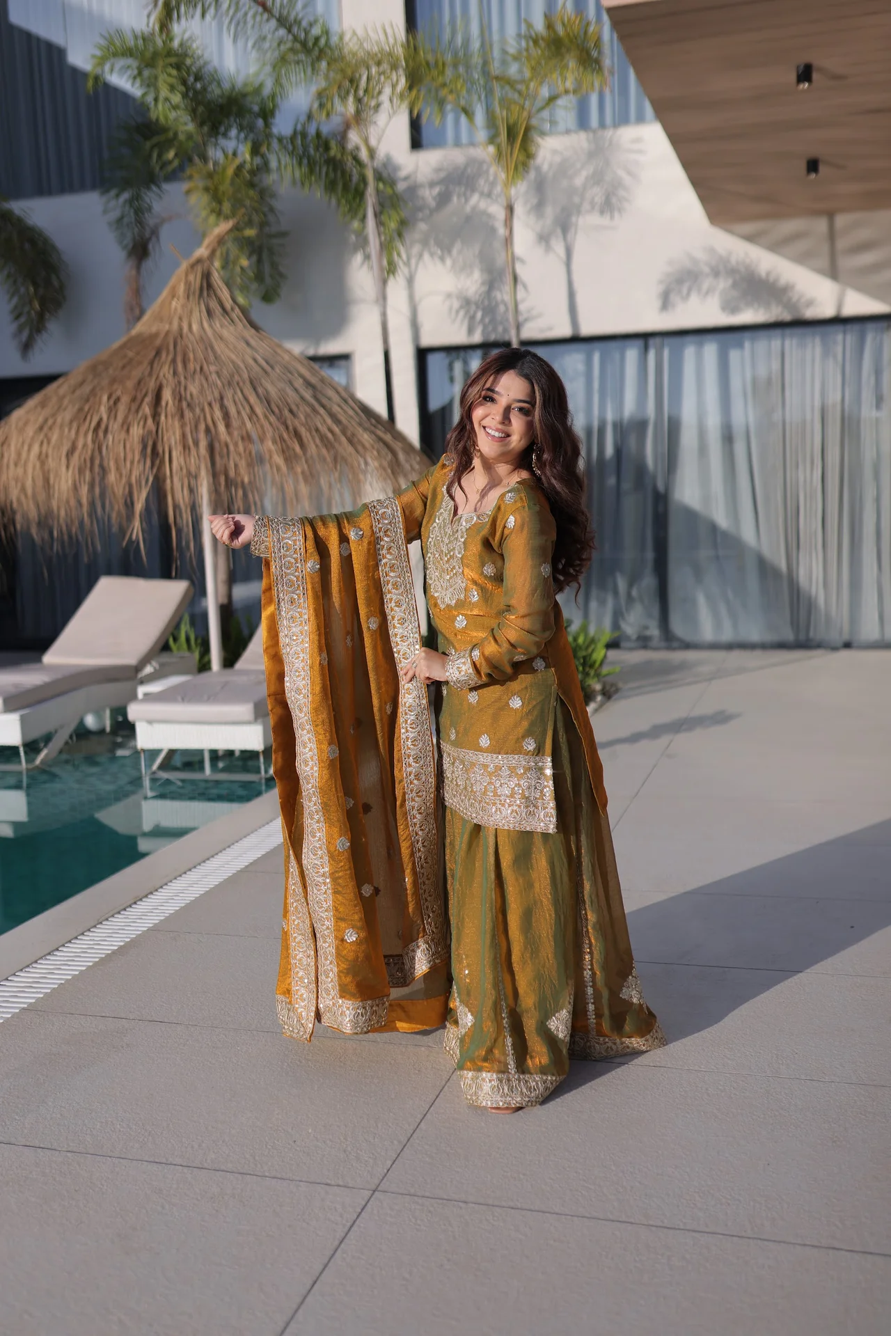 Women's Fendi Chiffon Sharara Set with Top, Bottom & Dupatta in Mustard — photo 2 of 8