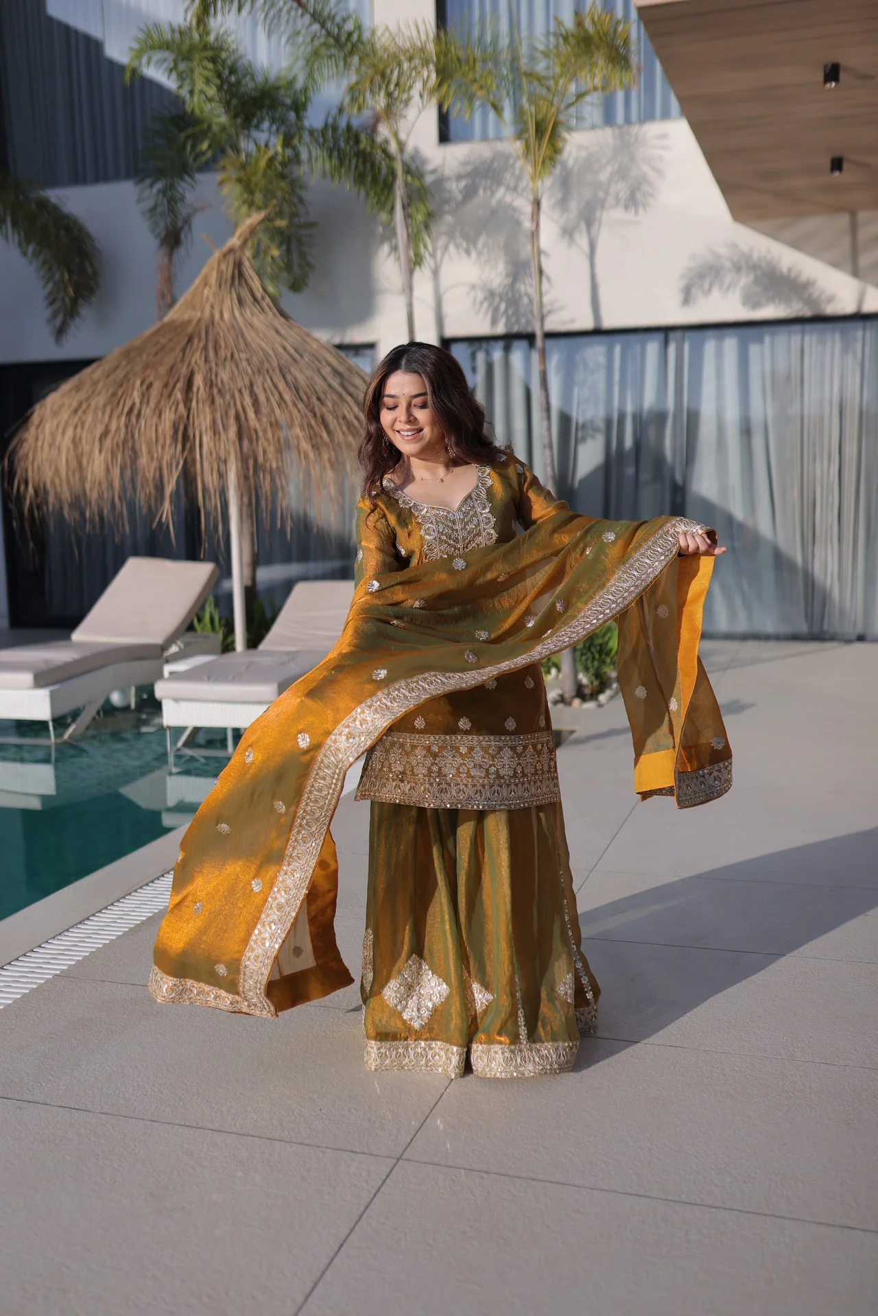 Women's Fendi Chiffon Sharara Set with Top, Bottom & Dupatta in Mustard — photo 3 of 8