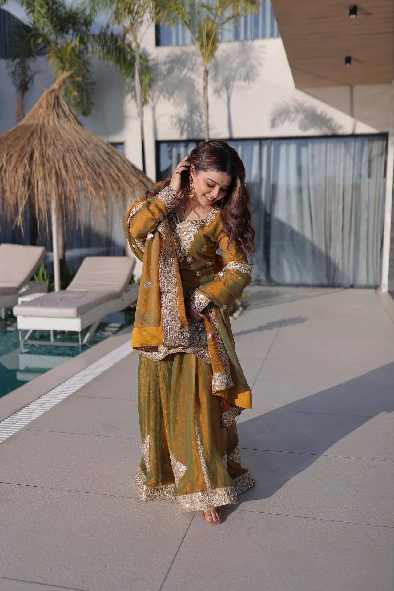 Women's Fendi Chiffon Sharara Set with Top, Bottom & Dupatta in Mustard — photo 4 of 8