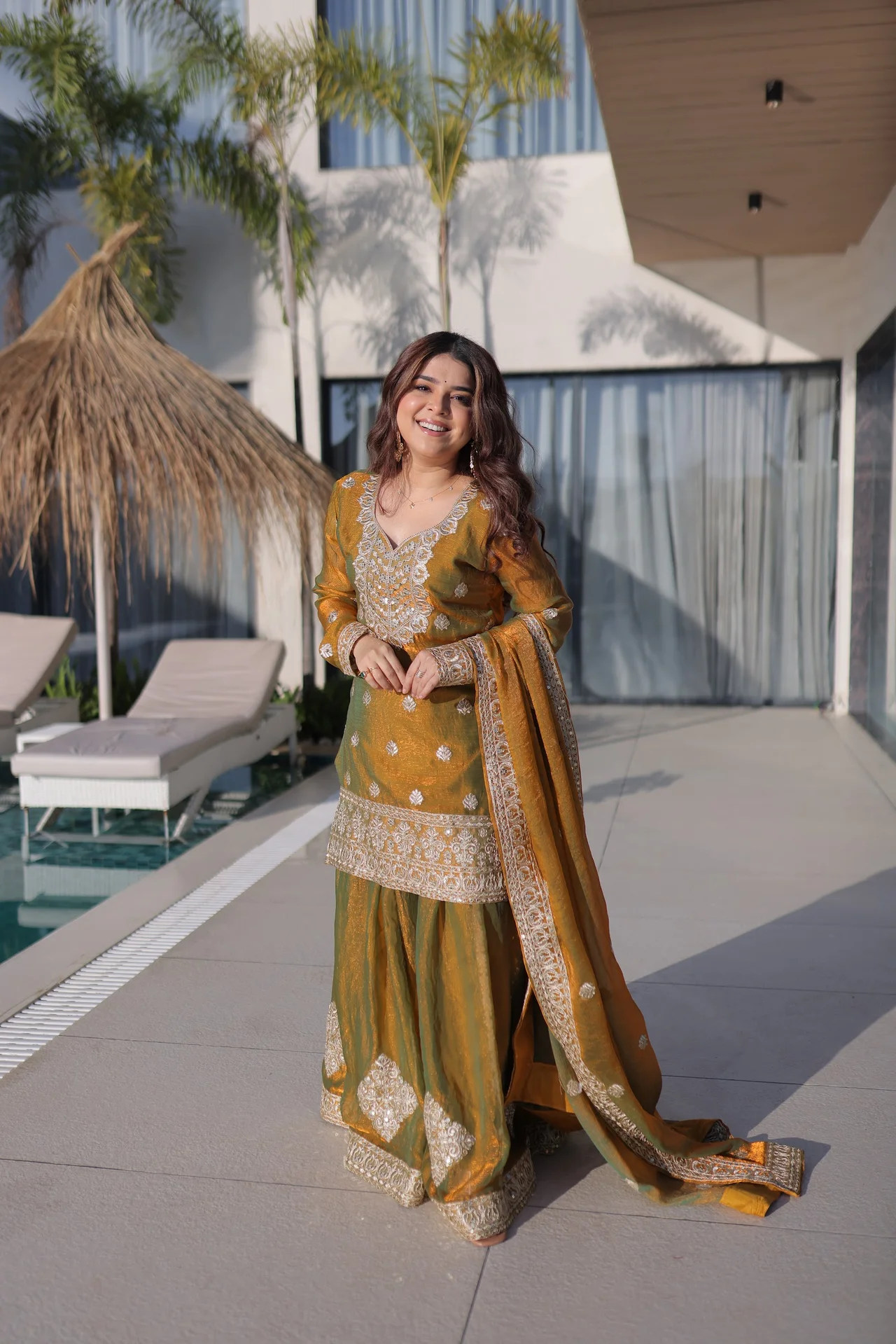 Women's Fendi Chiffon Sharara Set with Top, Bottom & Dupatta in Mustard — photo 5 of 8