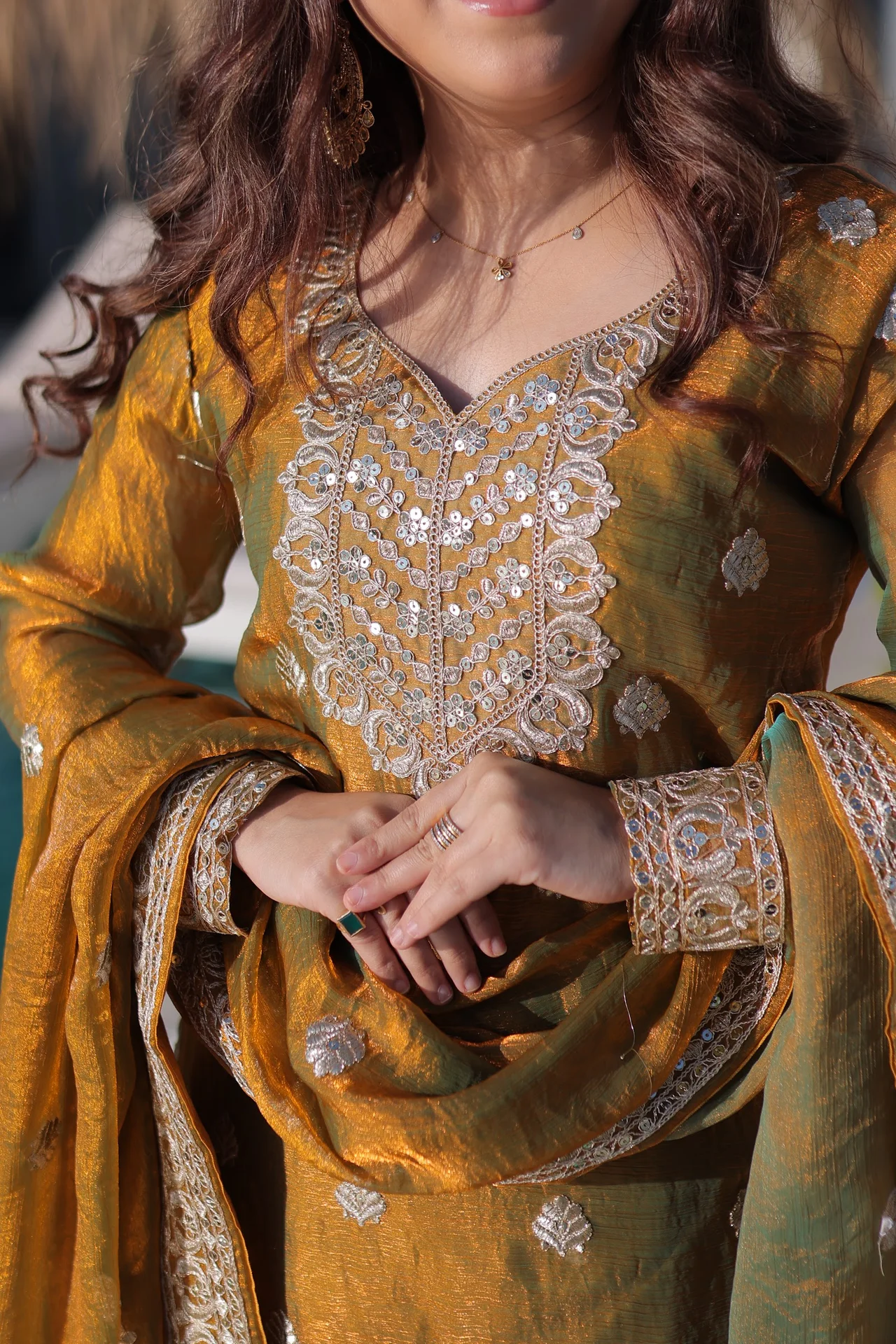 Women's Fendi Chiffon Sharara Set with Top, Bottom & Dupatta in Mustard — photo 6 of 8