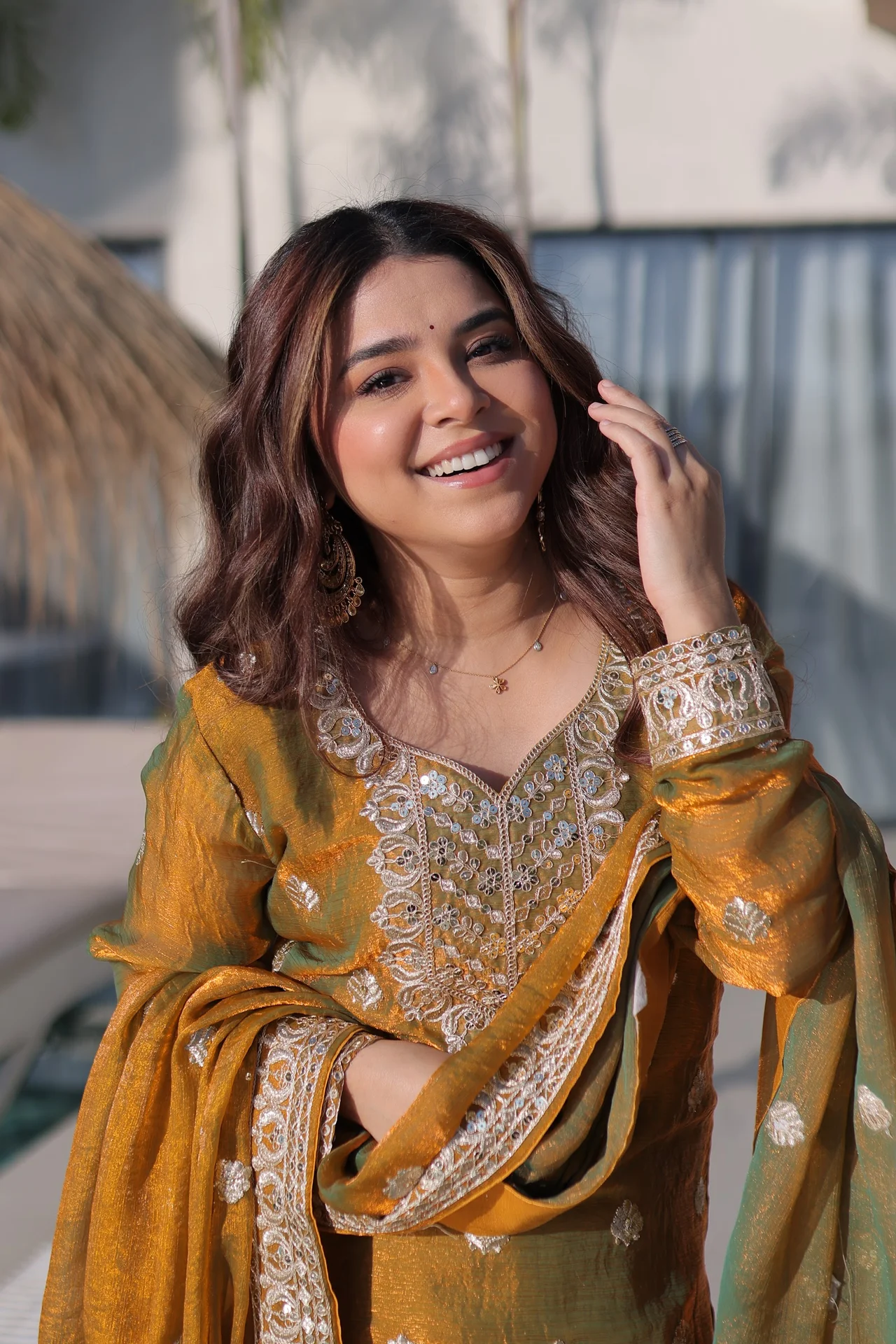 Women's Fendi Chiffon Sharara Set with Top, Bottom & Dupatta in Mustard — photo 7 of 8