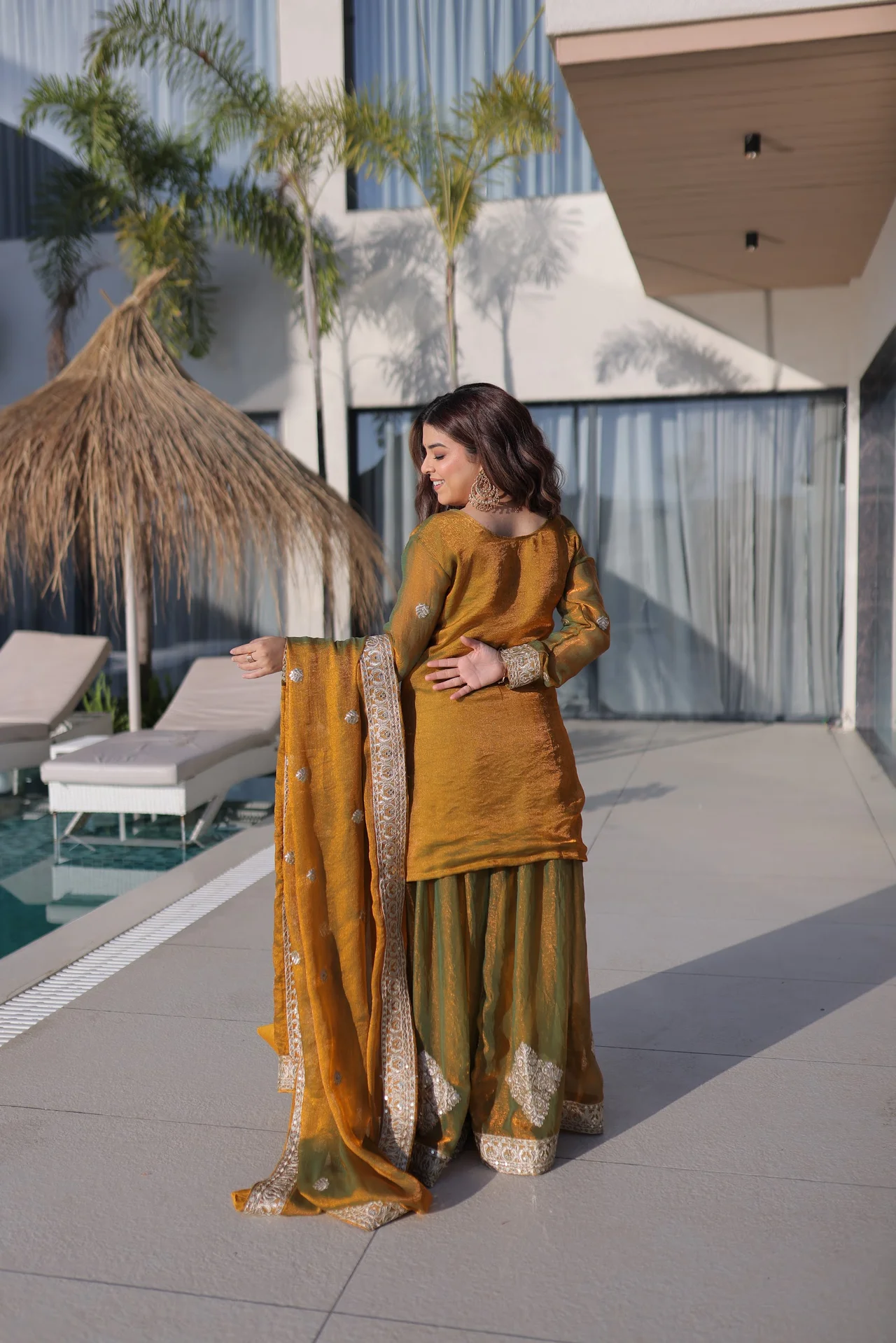 Women's Fendi Chiffon Sharara Set with Top, Bottom & Dupatta in Mustard — photo 8 of 8