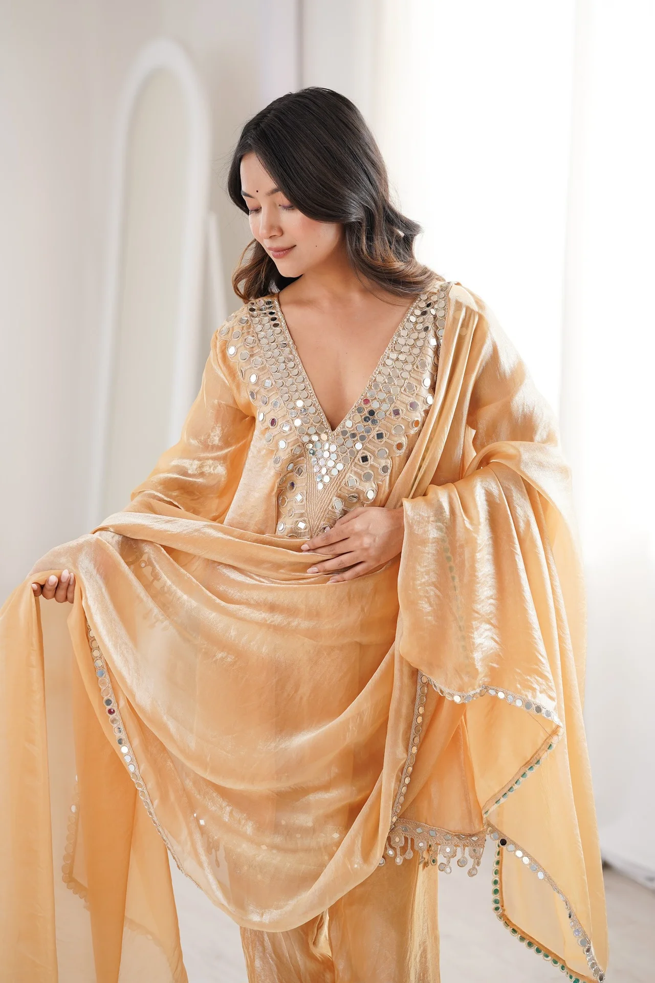 Women's Fendy Fabric Kurta Set with Pant and Dupatta in Beige — photo 2 of 10