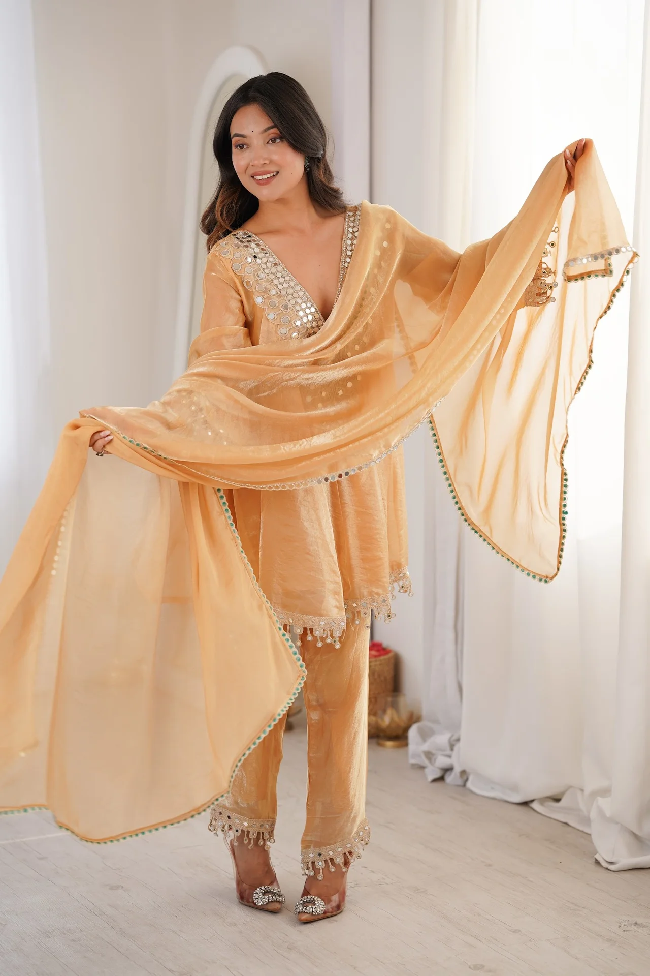Women's Fendy Fabric Kurta Set with Pant and Dupatta in Beige — photo 5 of 10