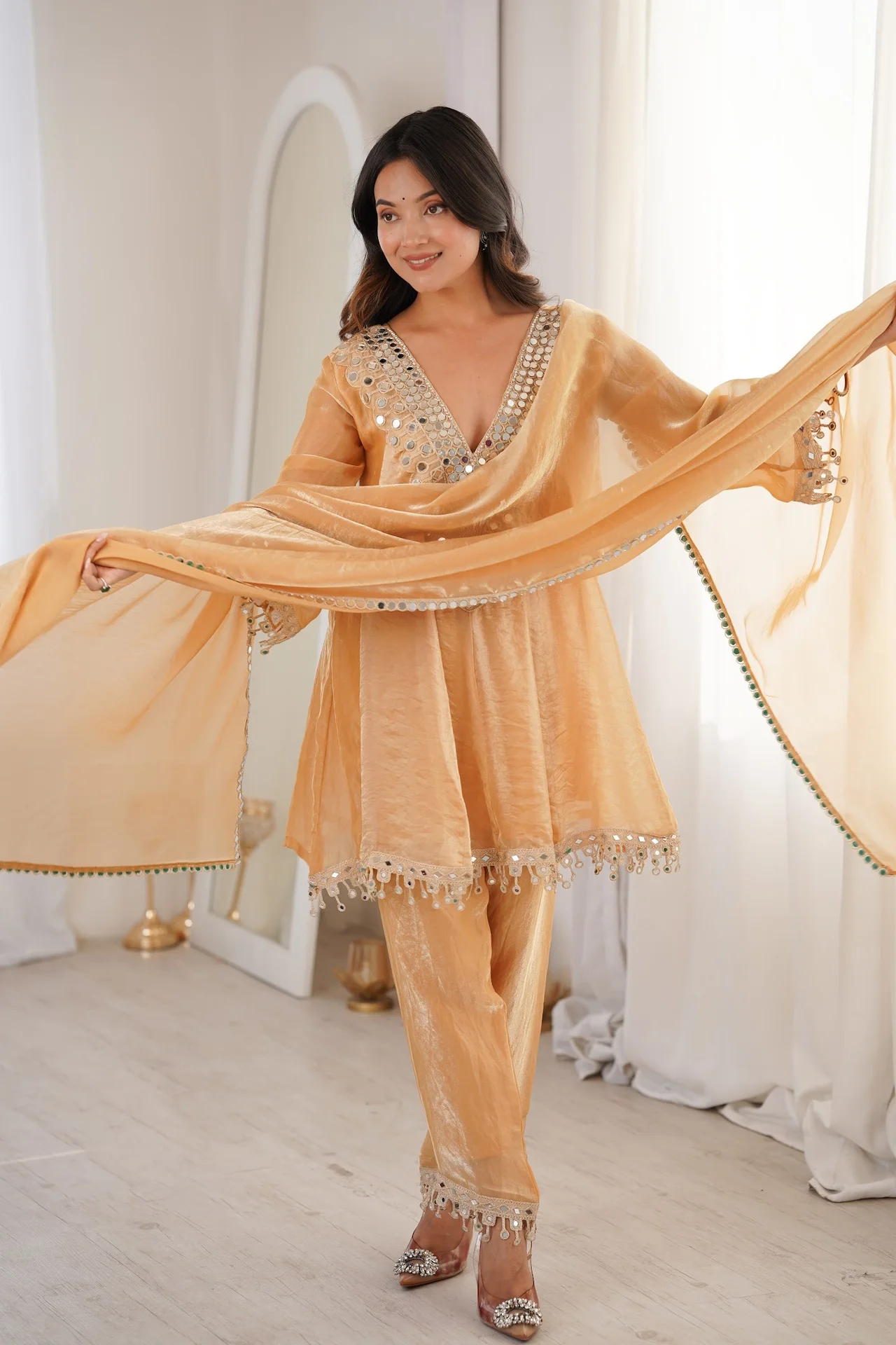 Women's Fendy Fabric Kurta Set with Pant and Dupatta in Beige — photo 6 of 10