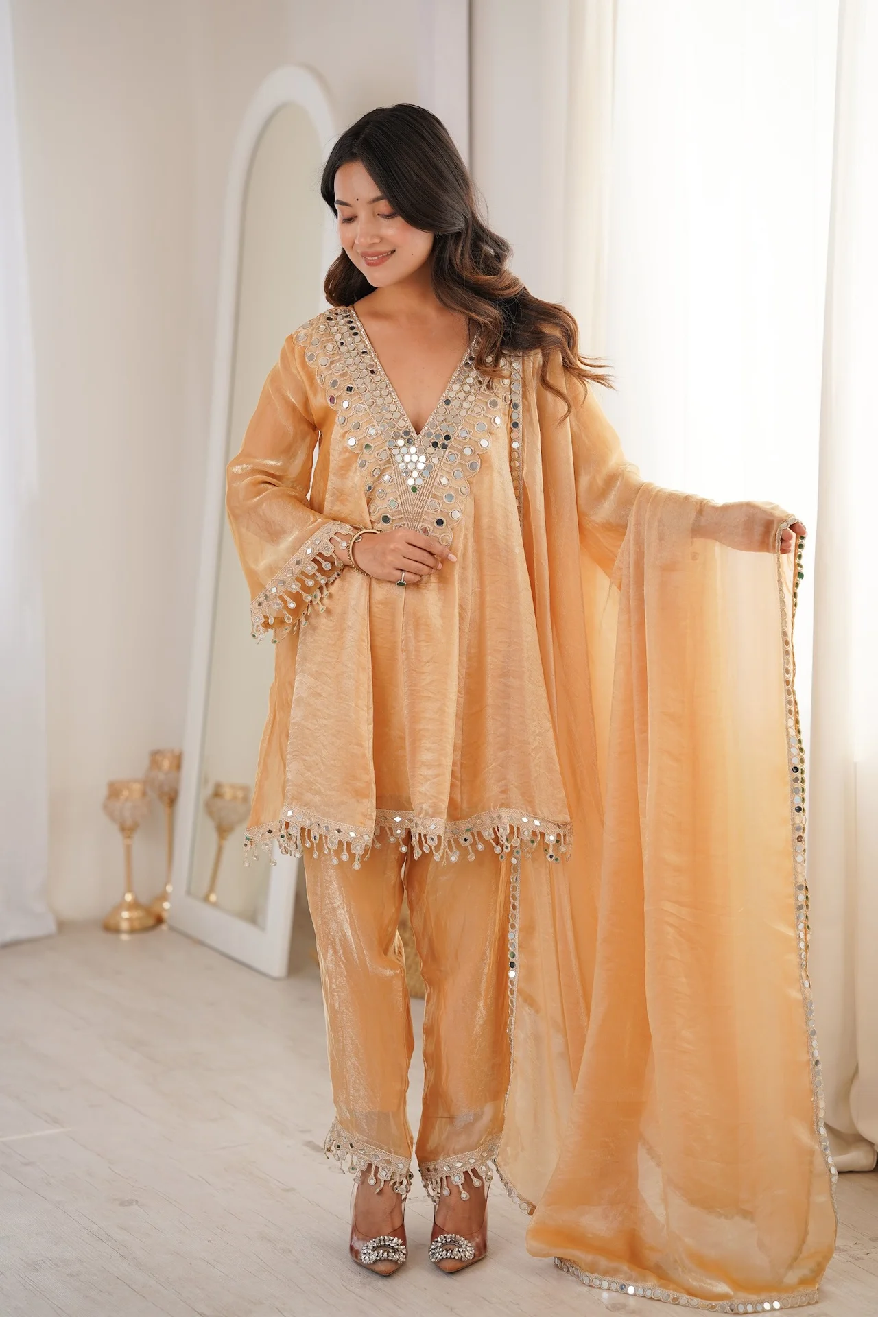 Women's Fendy Fabric Kurta Set with Pant and Dupatta in Beige — photo 7 of 10